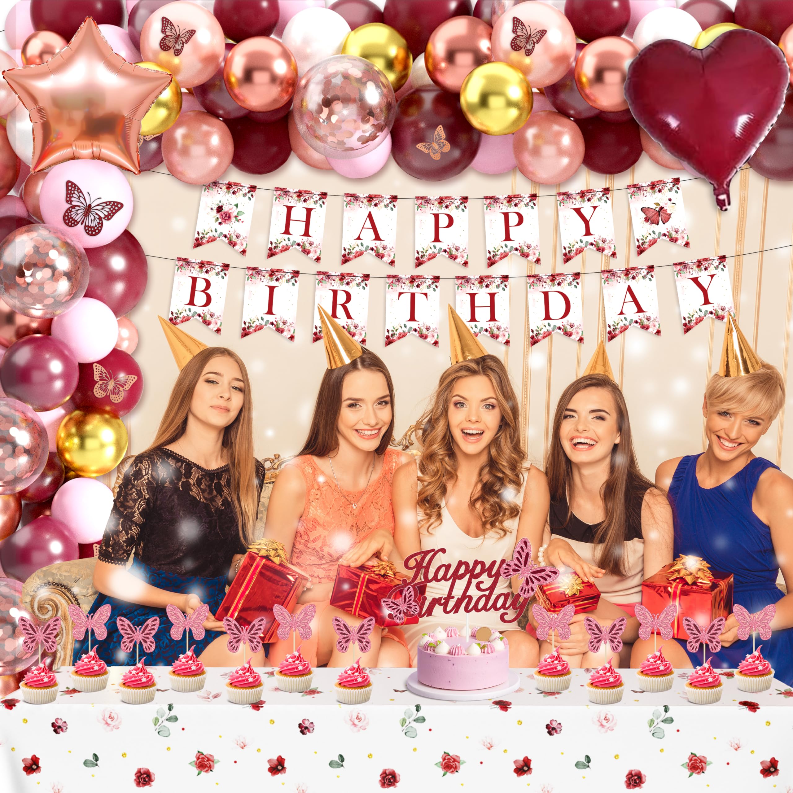 JOPHMO Birthday Decorations Party Pack for Women & Girls – Burgundy Backdrop & Balloon Arch Kit