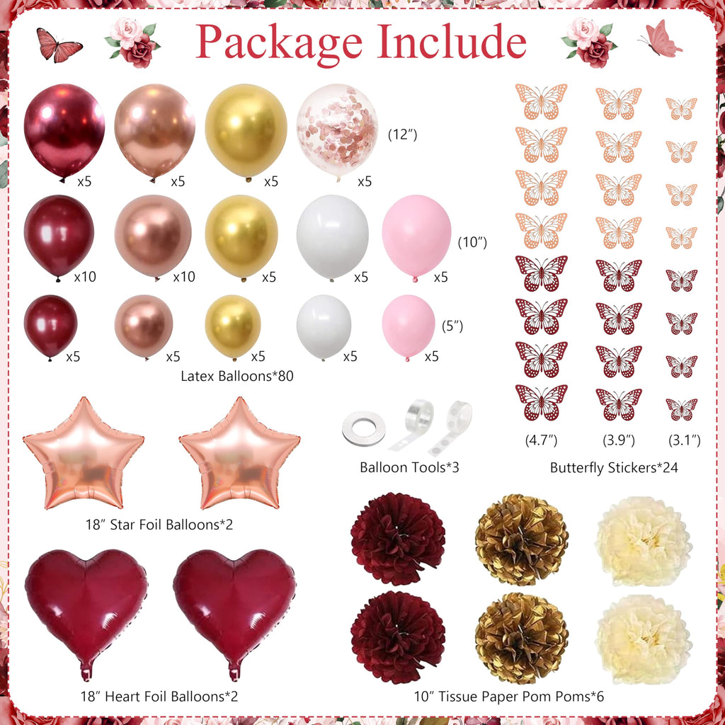 JOPHMO Birthday Decorations Party Pack for Women & Girls – Burgundy Backdrop & Balloon Arch Kit