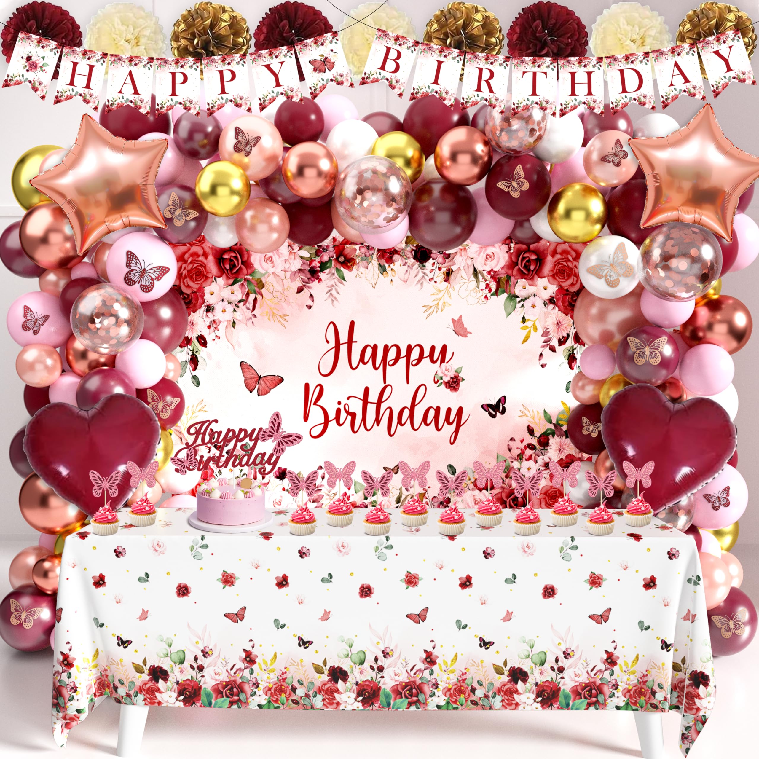 JOPHMO Birthday Decorations Party Pack for Women & Girls – Burgundy Backdrop & Balloon Arch Kit