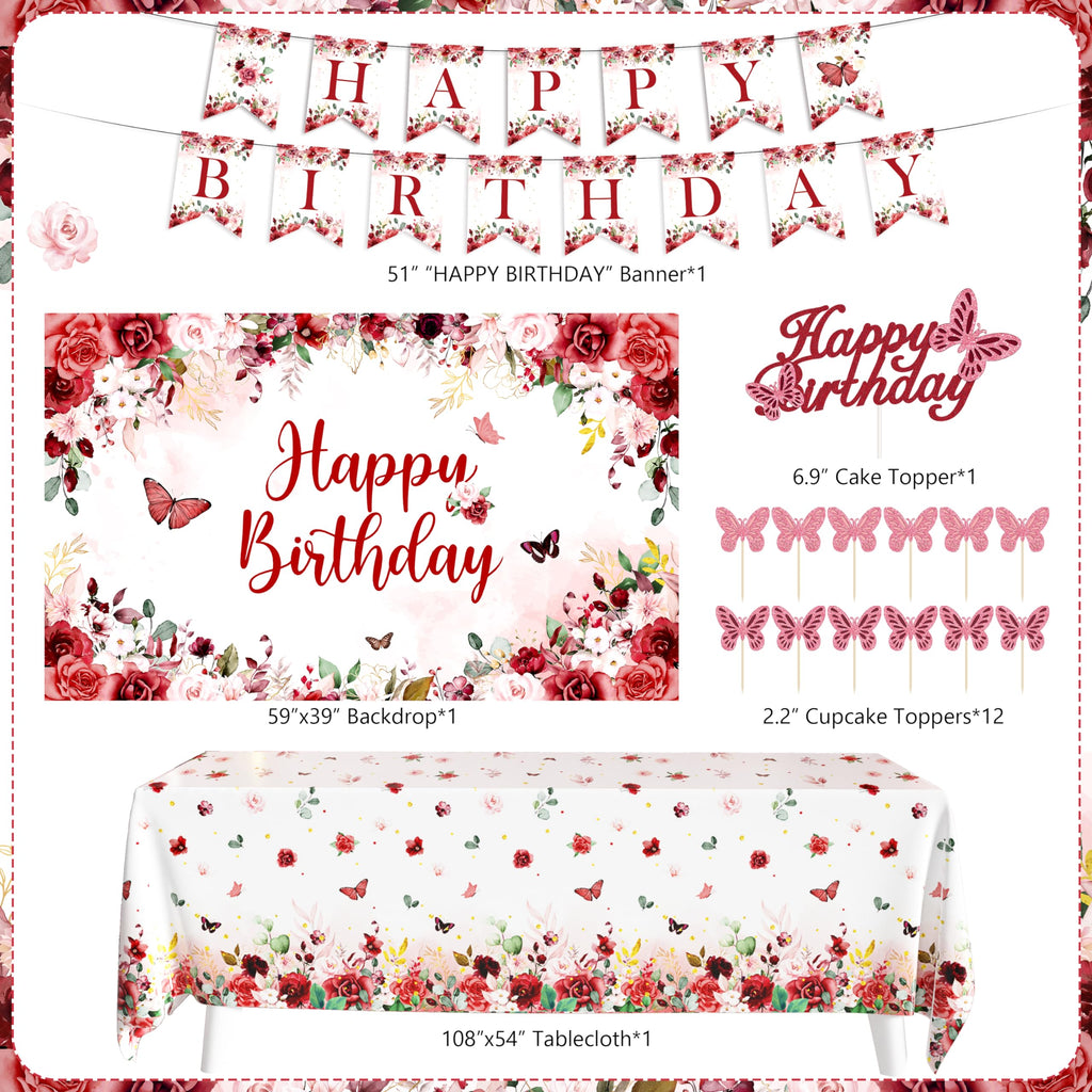 JOPHMO Birthday Decorations Party Pack for Women & Girls – Burgundy Backdrop & Balloon Arch Kit