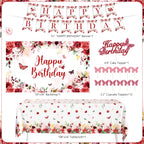 JOPHMO Birthday Decorations Party Pack for Women & Girls – Burgundy Backdrop & Balloon Arch Kit