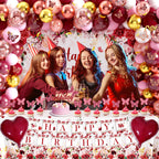 JOPHMO Birthday Decorations Party Pack for Women & Girls – Burgundy Backdrop & Balloon Arch Kit