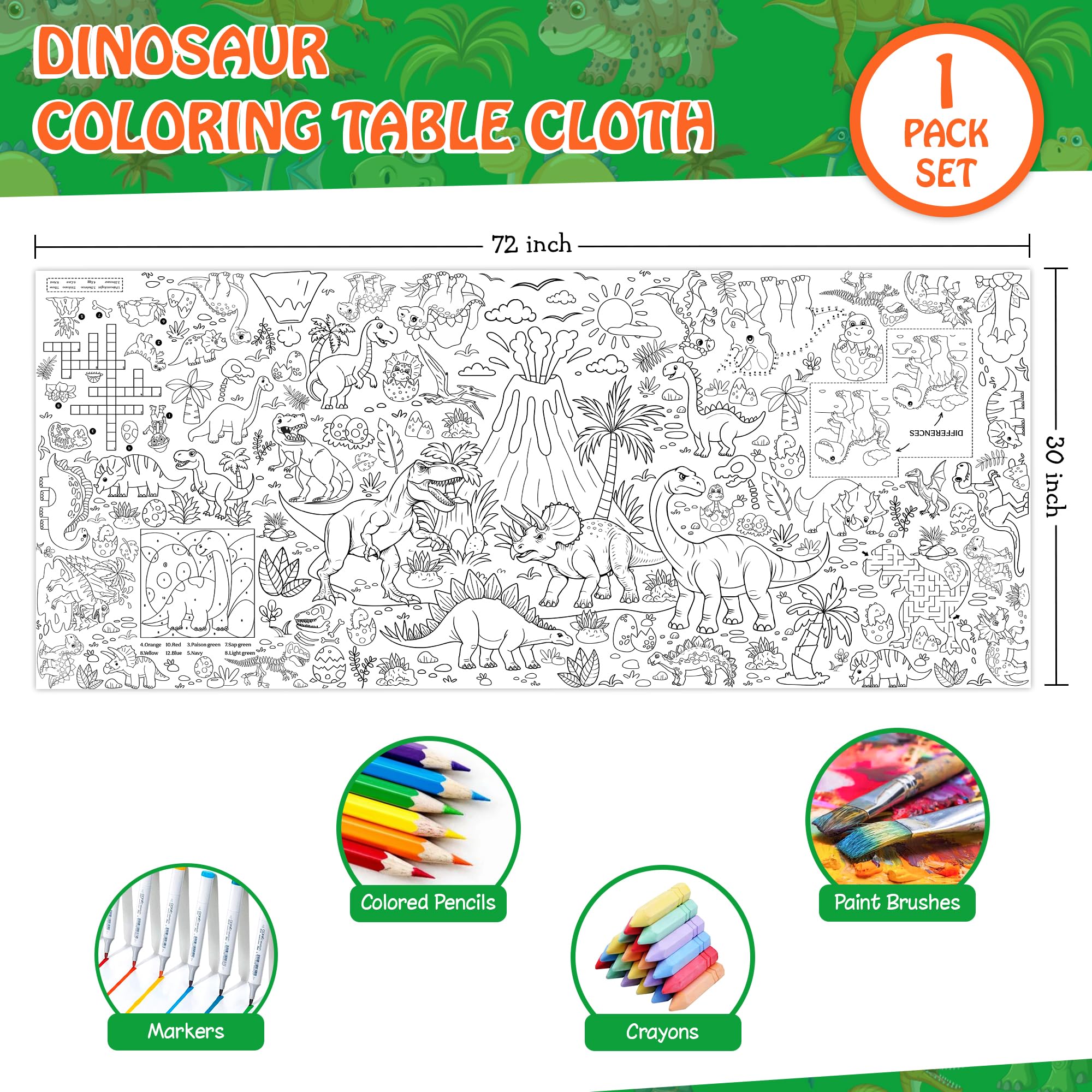 JOYGATHER Dinosaur Coloring Tablecloth – Giant 30x72 in for Parties & Classrooms