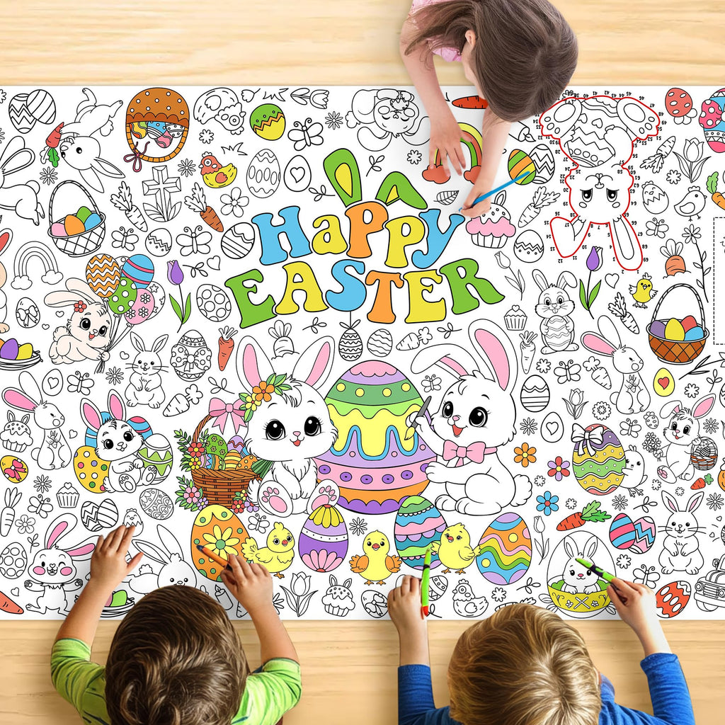 JOYGATHER Easter Coloring Tablecloth for Kids – Large 72x30 Inch Poster with Bunnies, Eggs, Flowers