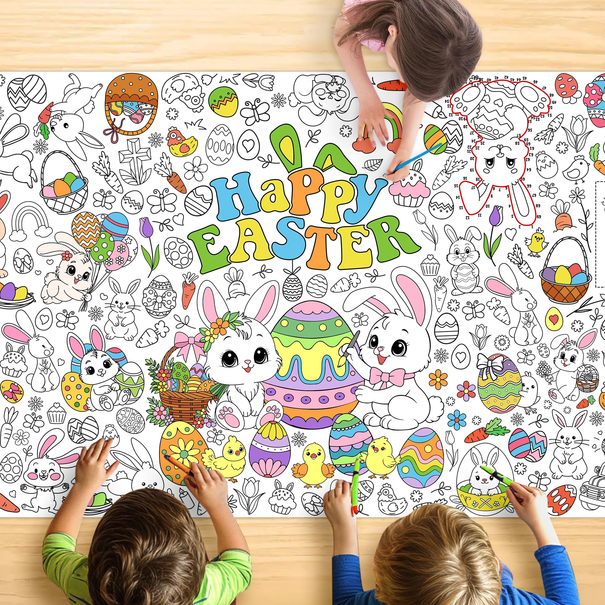 JOYGATHER Easter Coloring Tablecloth for Kids – Large 72x30 Inch Poster with Bunnies, Eggs, Flowers