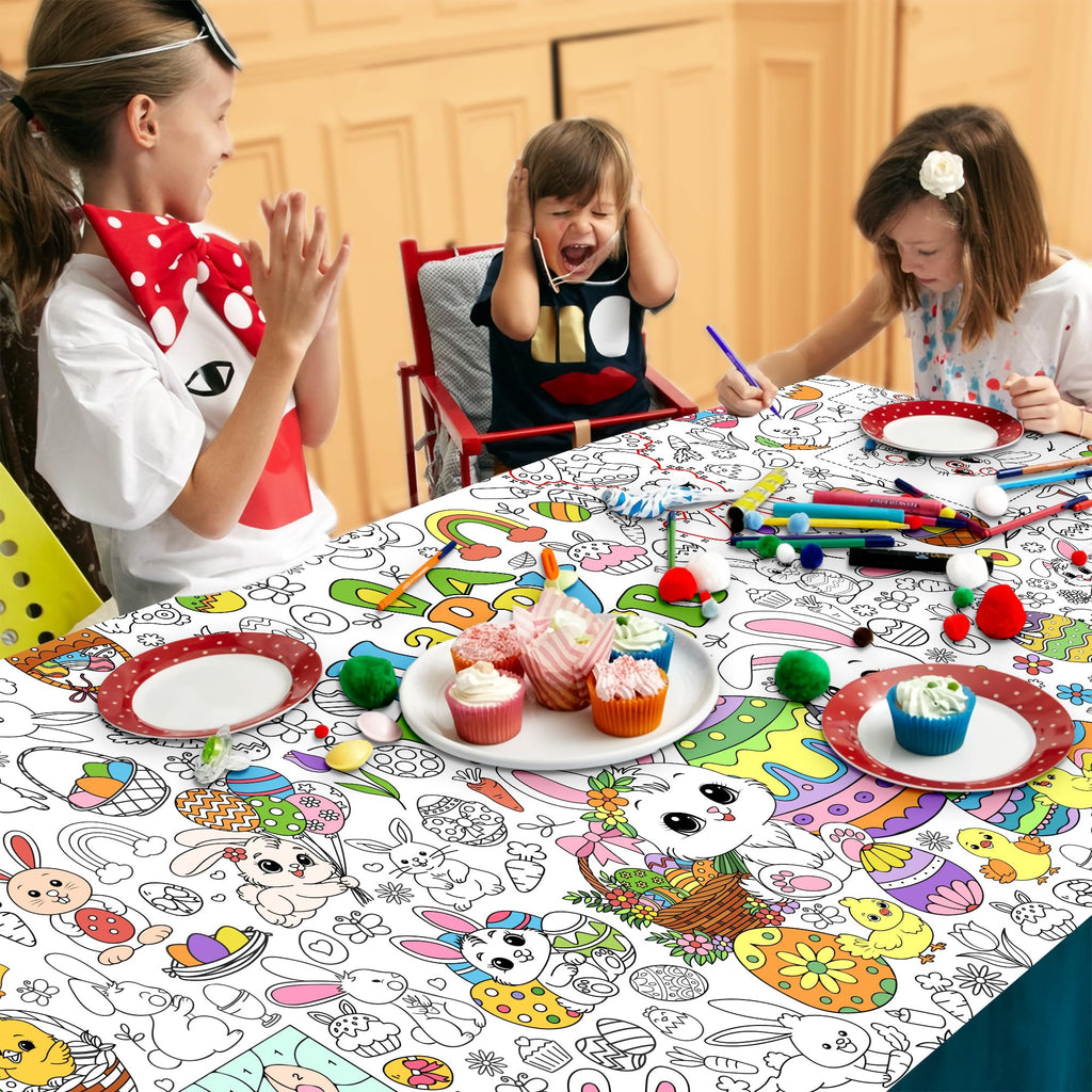 JOYGATHER Easter Coloring Tablecloth for Kids – Large 72x30 Inch Poster with Bunnies, Eggs, Flowers
