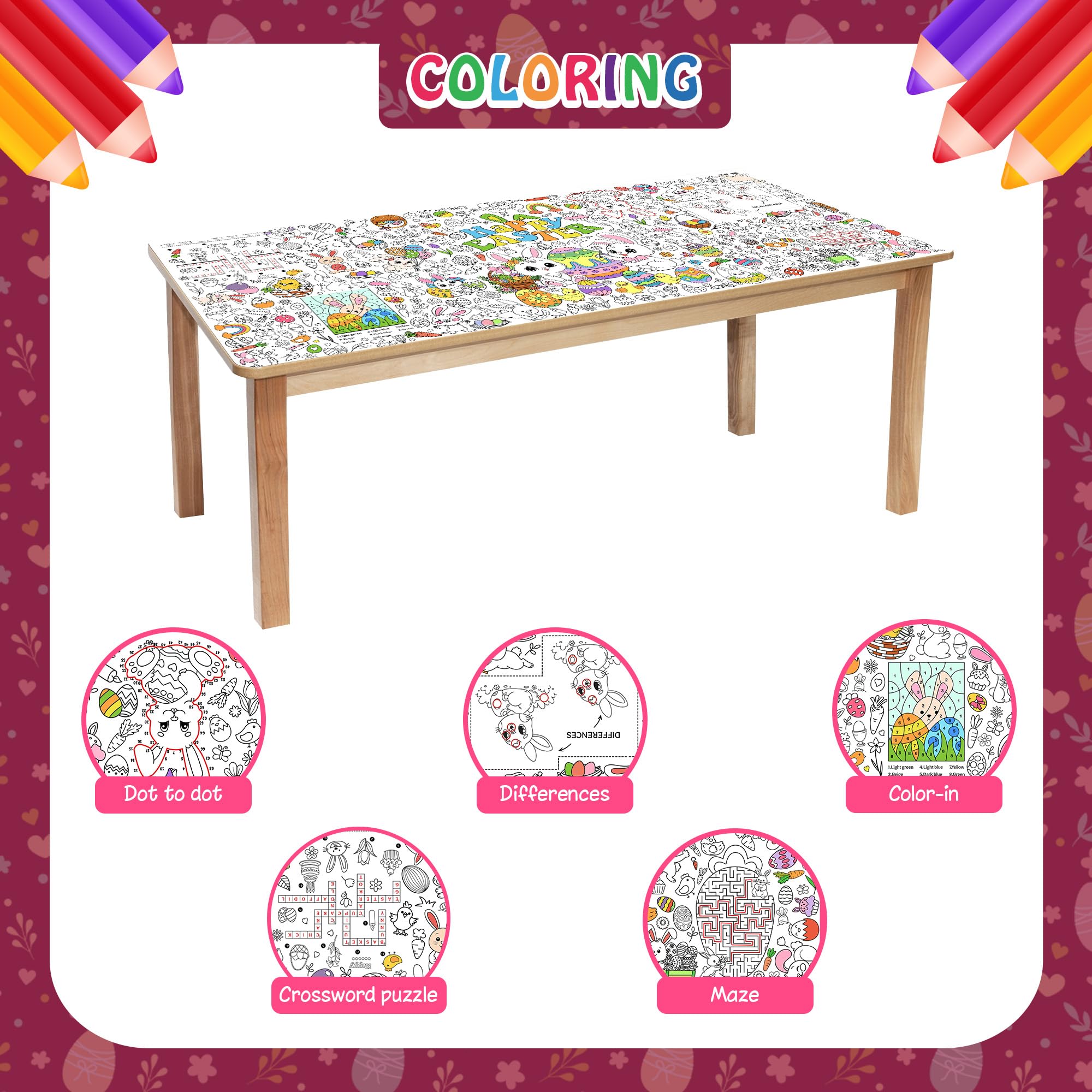 JOYGATHER Easter Coloring Tablecloth for Kids – Large 72x30 Inch Poster with Bunnies, Eggs, Flowers