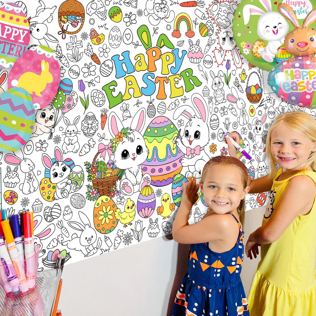 JOYGATHER Easter Coloring Tablecloth for Kids – Large 72x30 Inch Poster with Bunnies, Eggs, Flowers