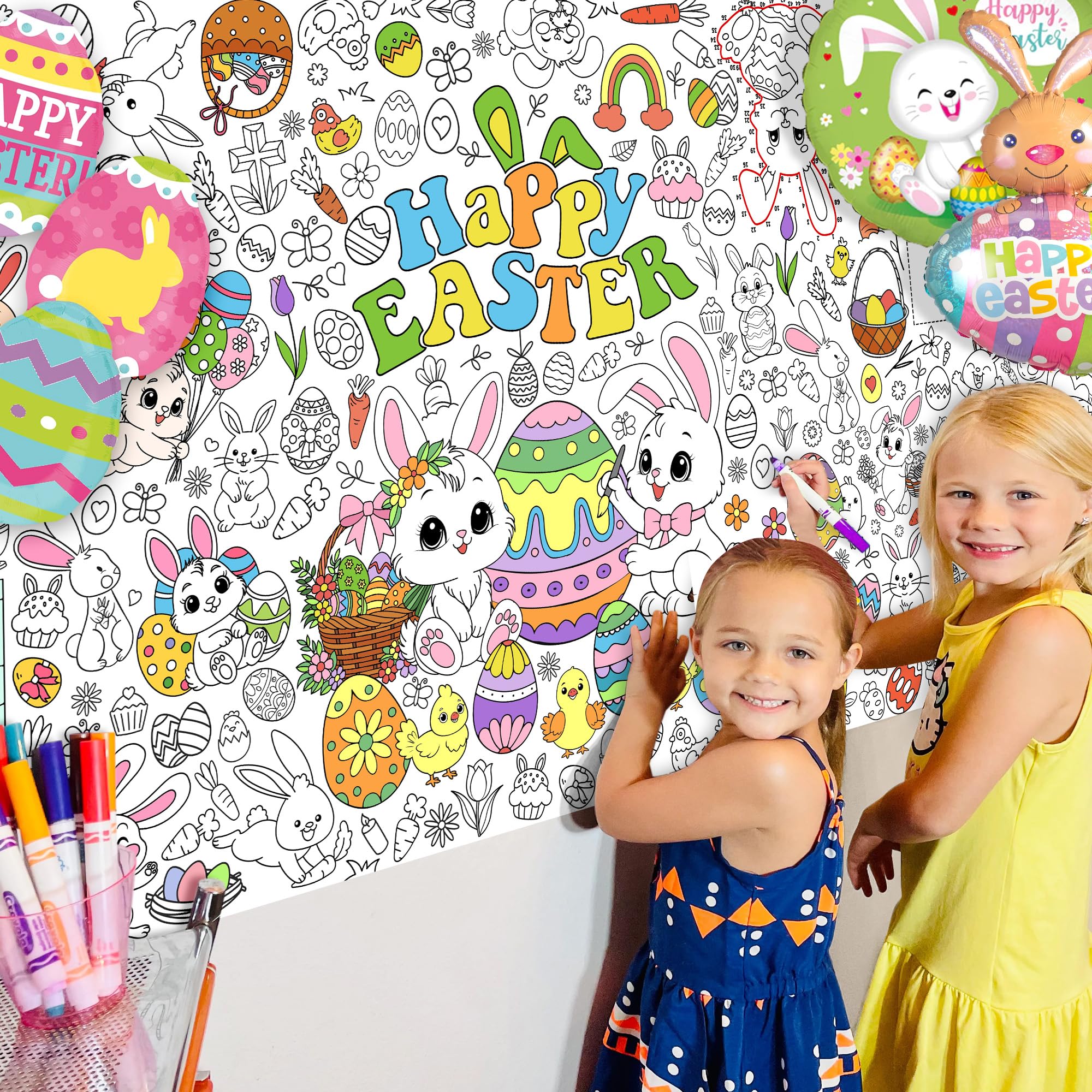 JOYGATHER Easter Coloring Tablecloth for Kids – Large 72x30 Inch Poster with Bunnies, Eggs, Flowers