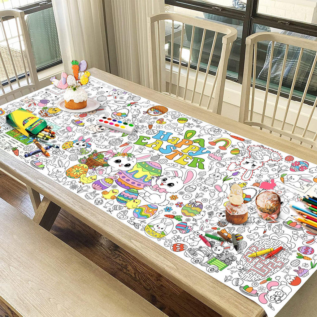 JOYGATHER Easter Coloring Tablecloth for Kids – Large 72x30 Inch Poster with Bunnies, Eggs, Flowers