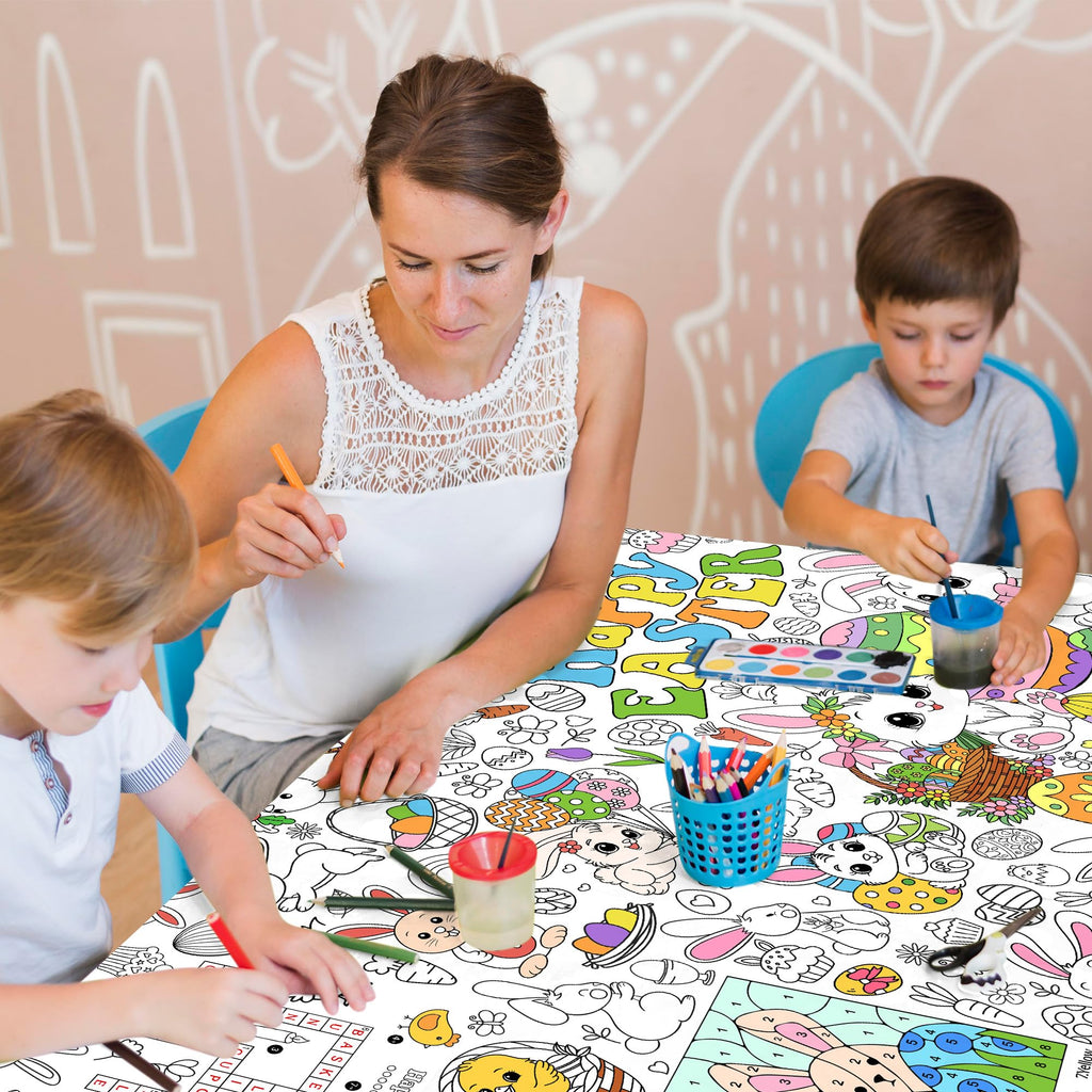 JOYGATHER Easter Coloring Tablecloth for Kids – Large 72x30 Inch Poster with Bunnies, Eggs, Flowers