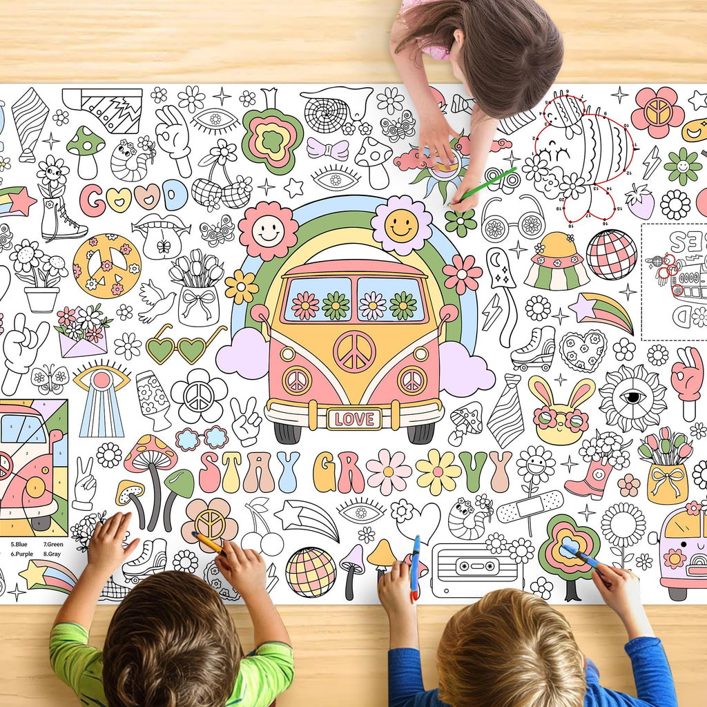 JOYGATHER Groovy Coloring Tablecloth – 72x30 in Kids Poster with Peace Signs & Daisy Retro Designs