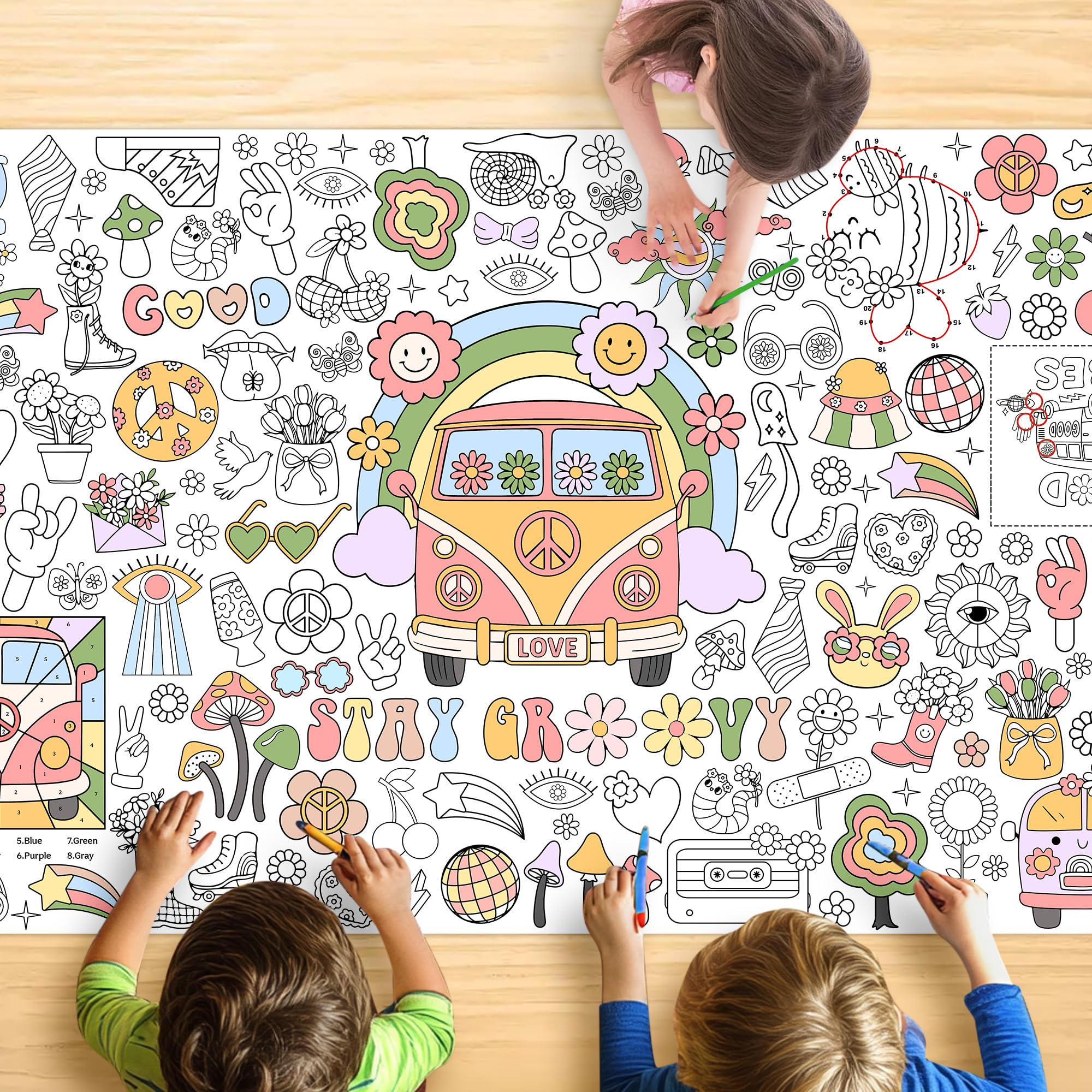 JOYGATHER Groovy Coloring Tablecloth – 72x30 in Kids Poster with Peace Signs & Daisy Retro Designs