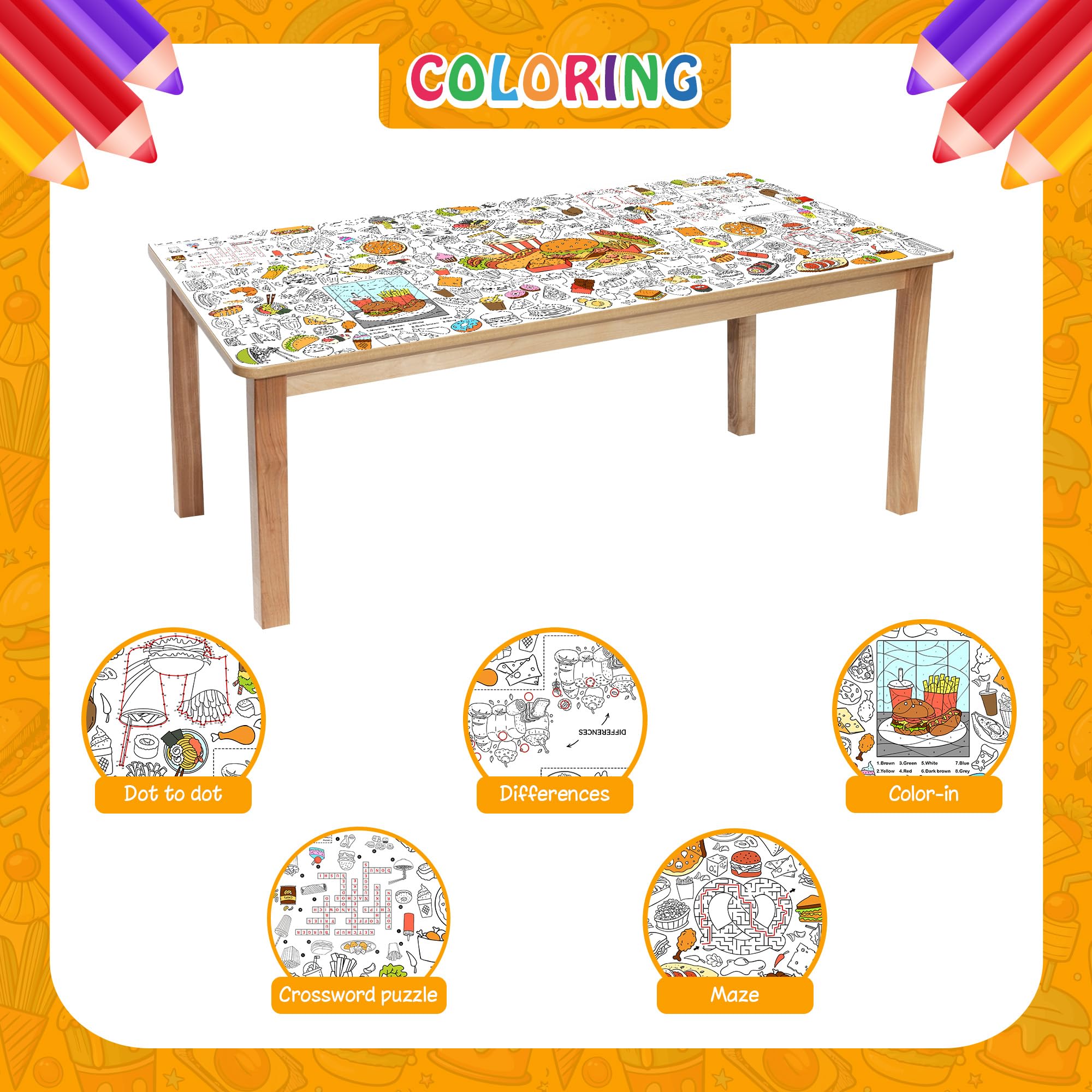 JOYGATHER Groovy Coloring Tablecloth – 72x30 in Kids Poster with Peace Signs & Daisy Retro Designs