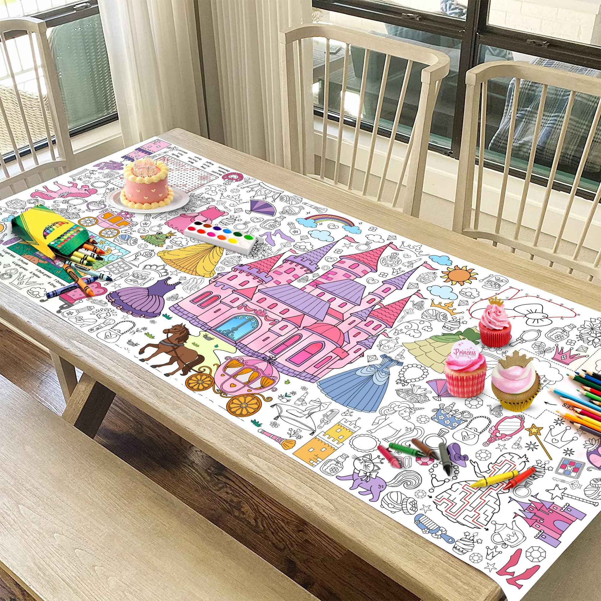 JOYGATHER Princess Coloring Tablecloth for Kids – Giant 30x72 Inch Poster with Castles & Crowns