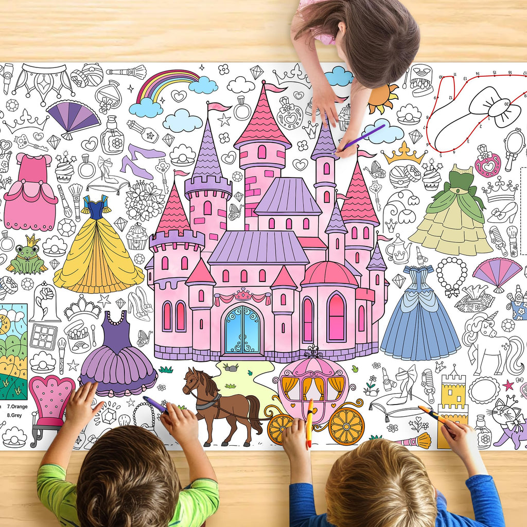 JOYGATHER Princess Coloring Tablecloth for Kids – Giant 30x72 Inch Poster with Castles & Crowns