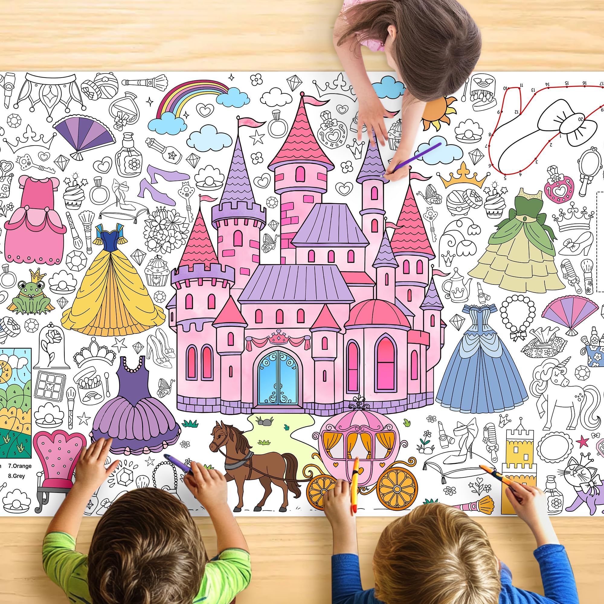 JOYGATHER Princess Coloring Tablecloth for Kids – Giant 30x72 Inch Poster with Castles & Crowns