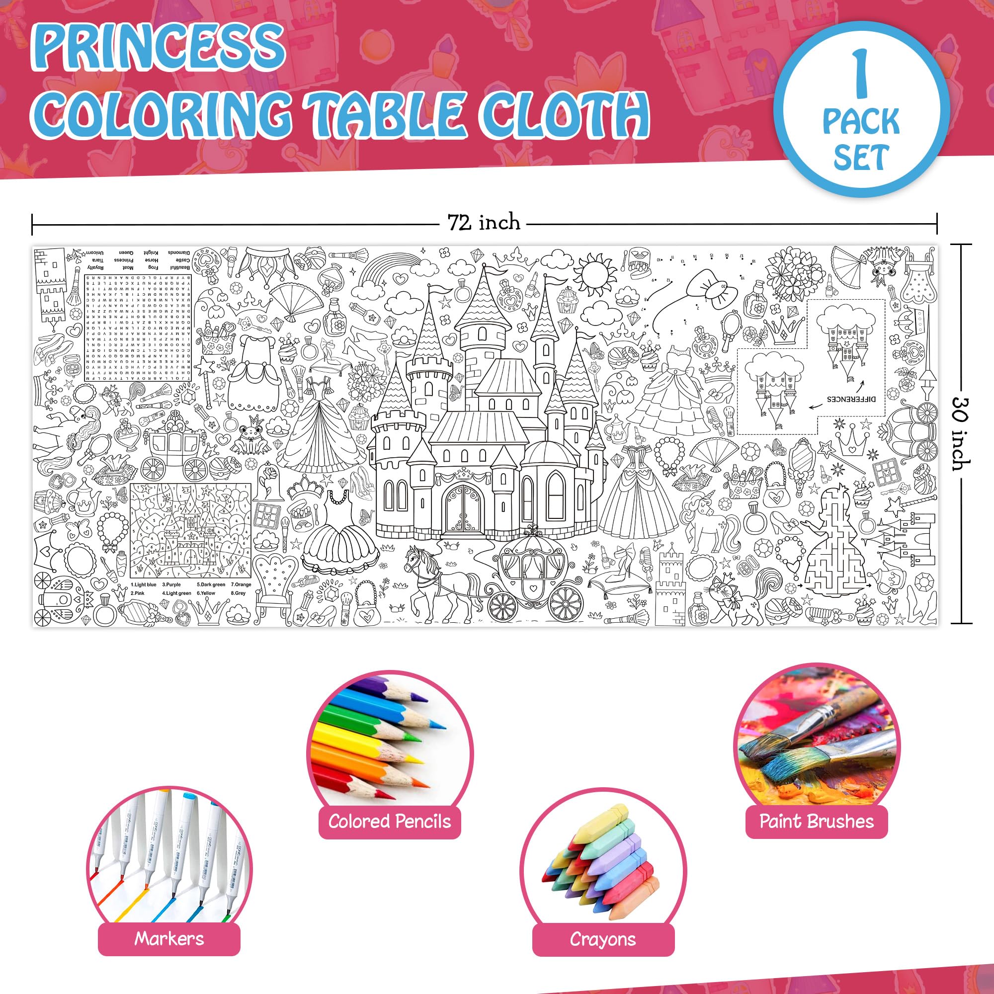 JOYGATHER Princess Coloring Tablecloth for Kids – Giant 30x72 Inch Poster with Castles & Crowns