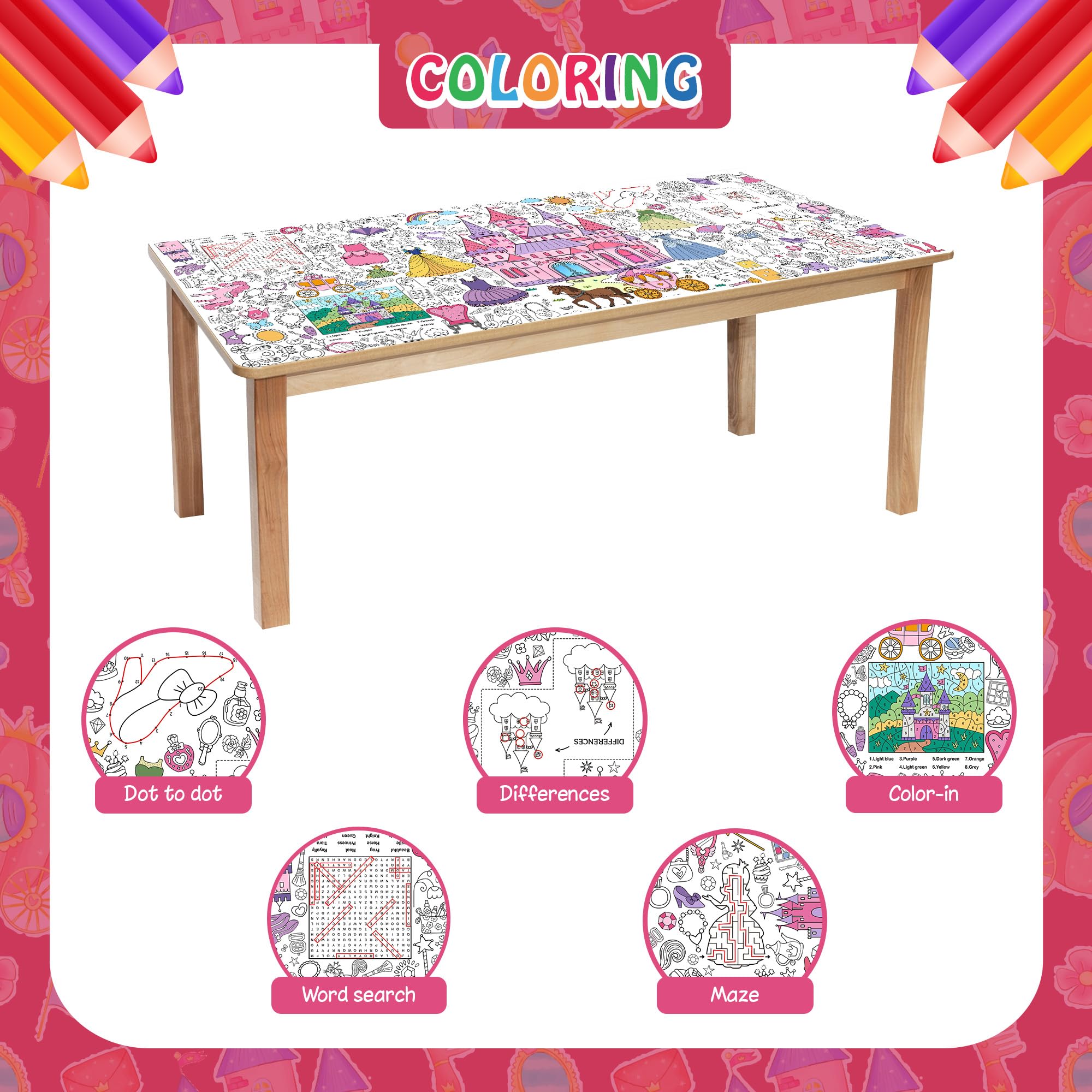 JOYGATHER Princess Coloring Tablecloth for Kids – Giant 30x72 Inch Poster with Castles & Crowns