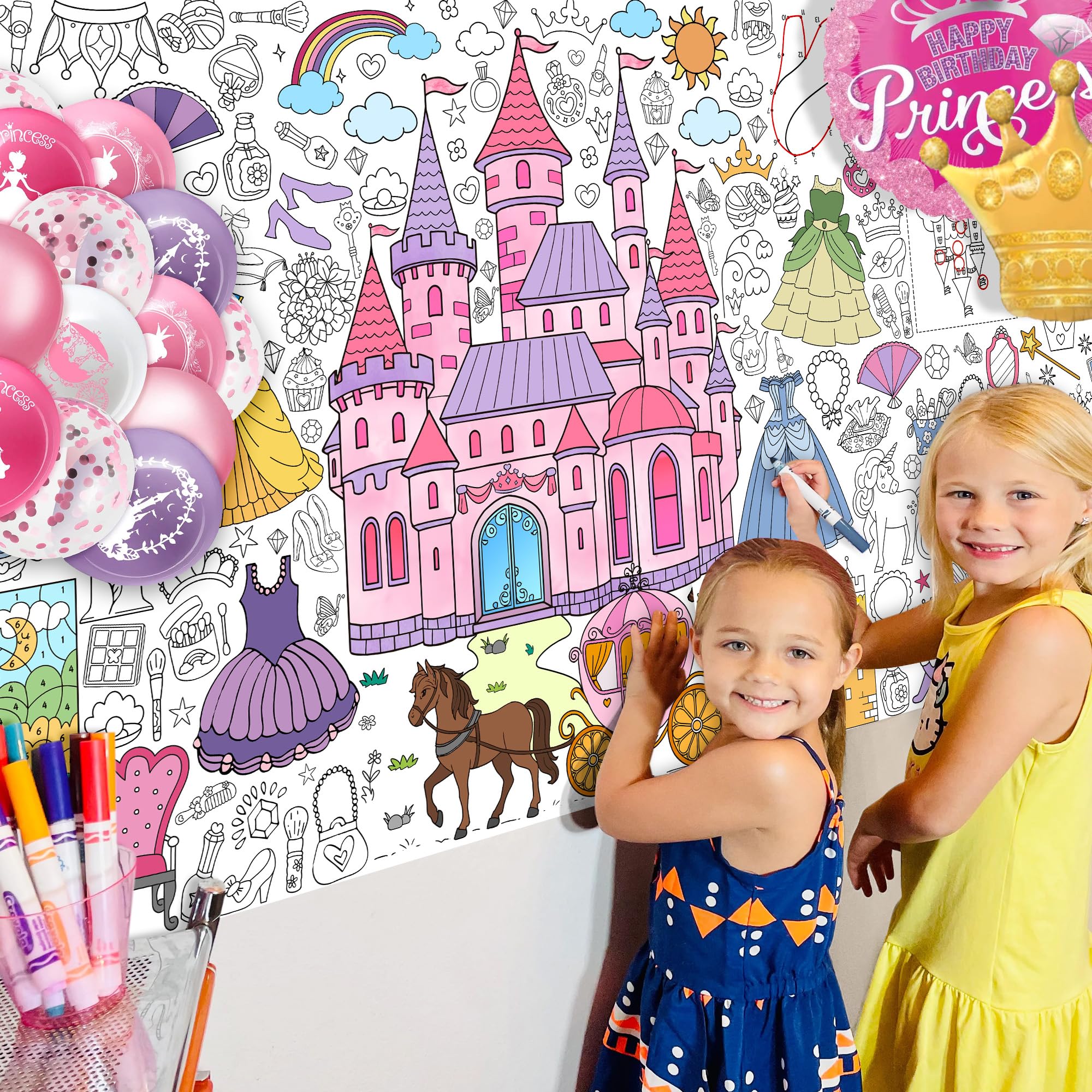 JOYGATHER Princess Coloring Tablecloth for Kids – Giant 30x72 Inch Poster with Castles & Crowns