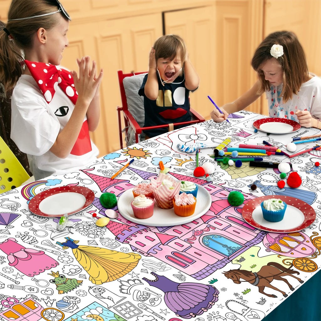 JOYGATHER Princess Coloring Tablecloth for Kids – Giant 30x72 Inch Poster with Castles & Crowns