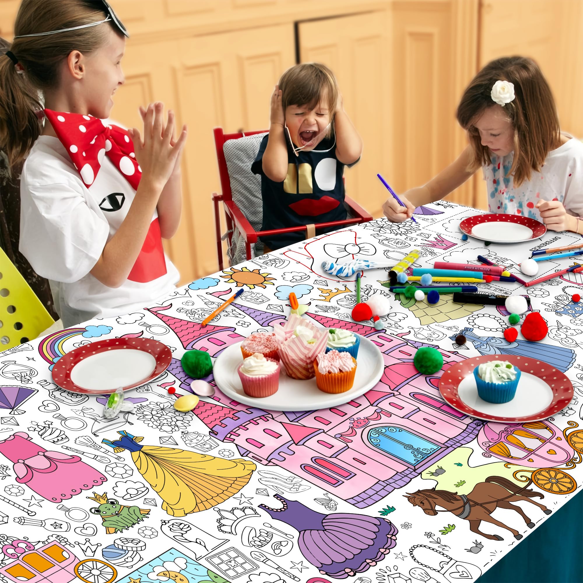 JOYGATHER Princess Coloring Tablecloth for Kids – Giant 30x72 Inch Poster with Castles & Crowns