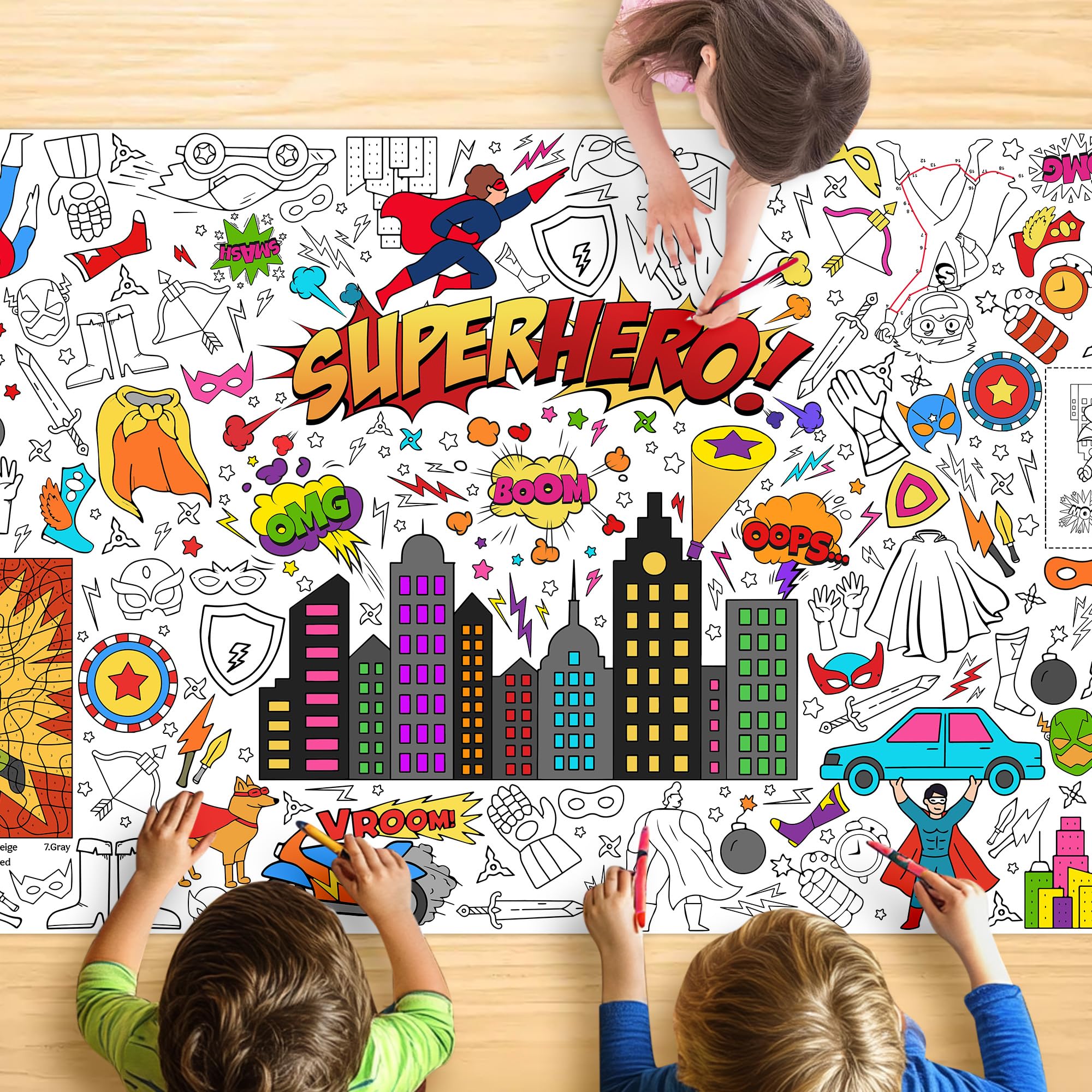 JOYGATHER Superhero Coloring Tablecloth for Kids – 72x30 Inch Poster with Capes & Masks | Party Games & Decor
