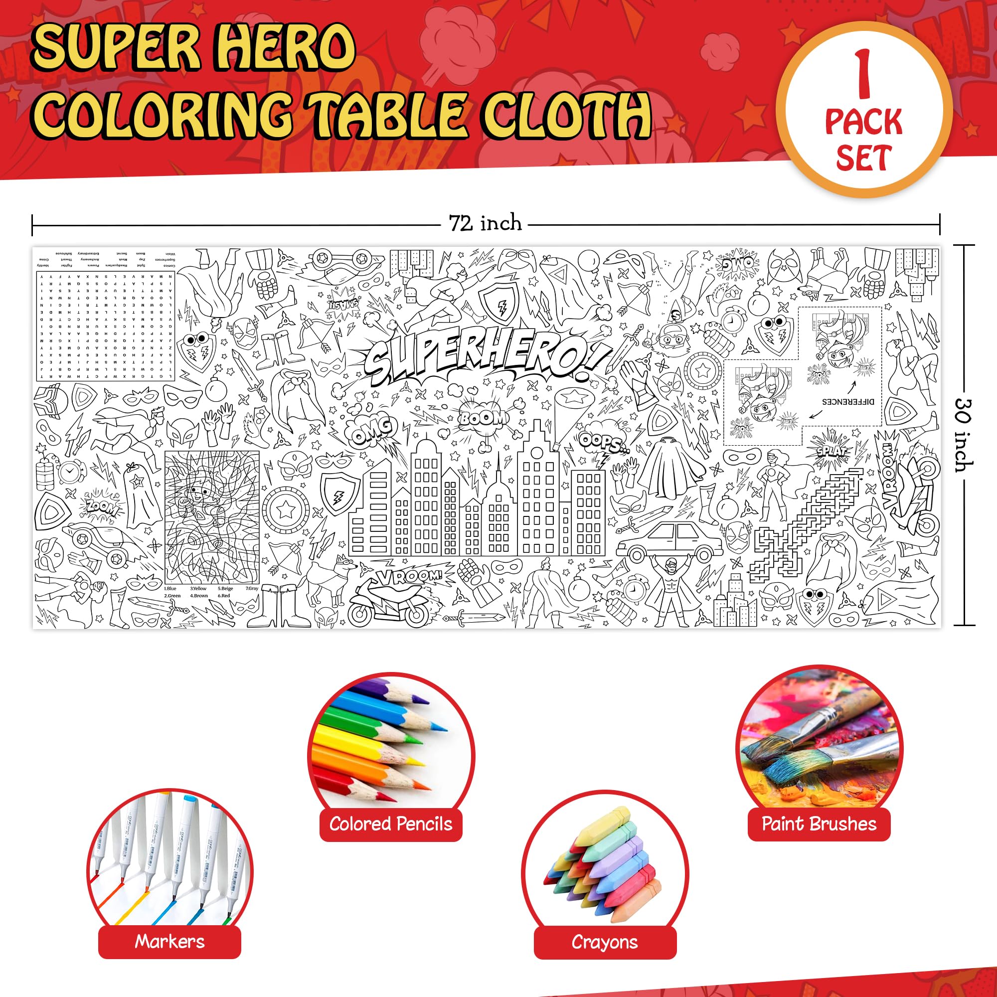 JOYGATHER Superhero Coloring Tablecloth for Kids – 72x30 Inch Poster with Capes & Masks | Party Games & Decor
