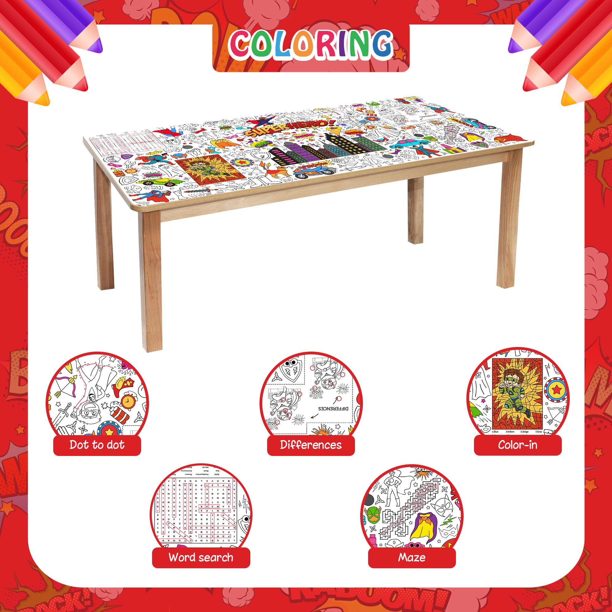 JOYGATHER Superhero Coloring Tablecloth for Kids – 72x30 Inch Poster with Capes & Masks | Party Games & Decor