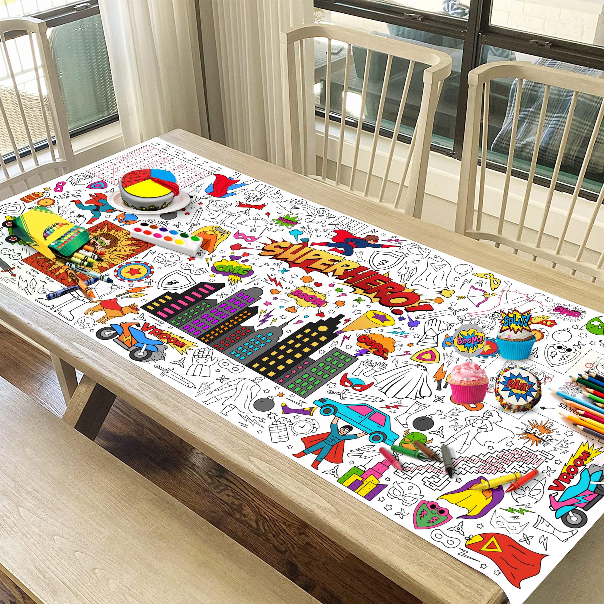 JOYGATHER Superhero Coloring Tablecloth for Kids – 72x30 Inch Poster with Capes & Masks | Party Games & Decor