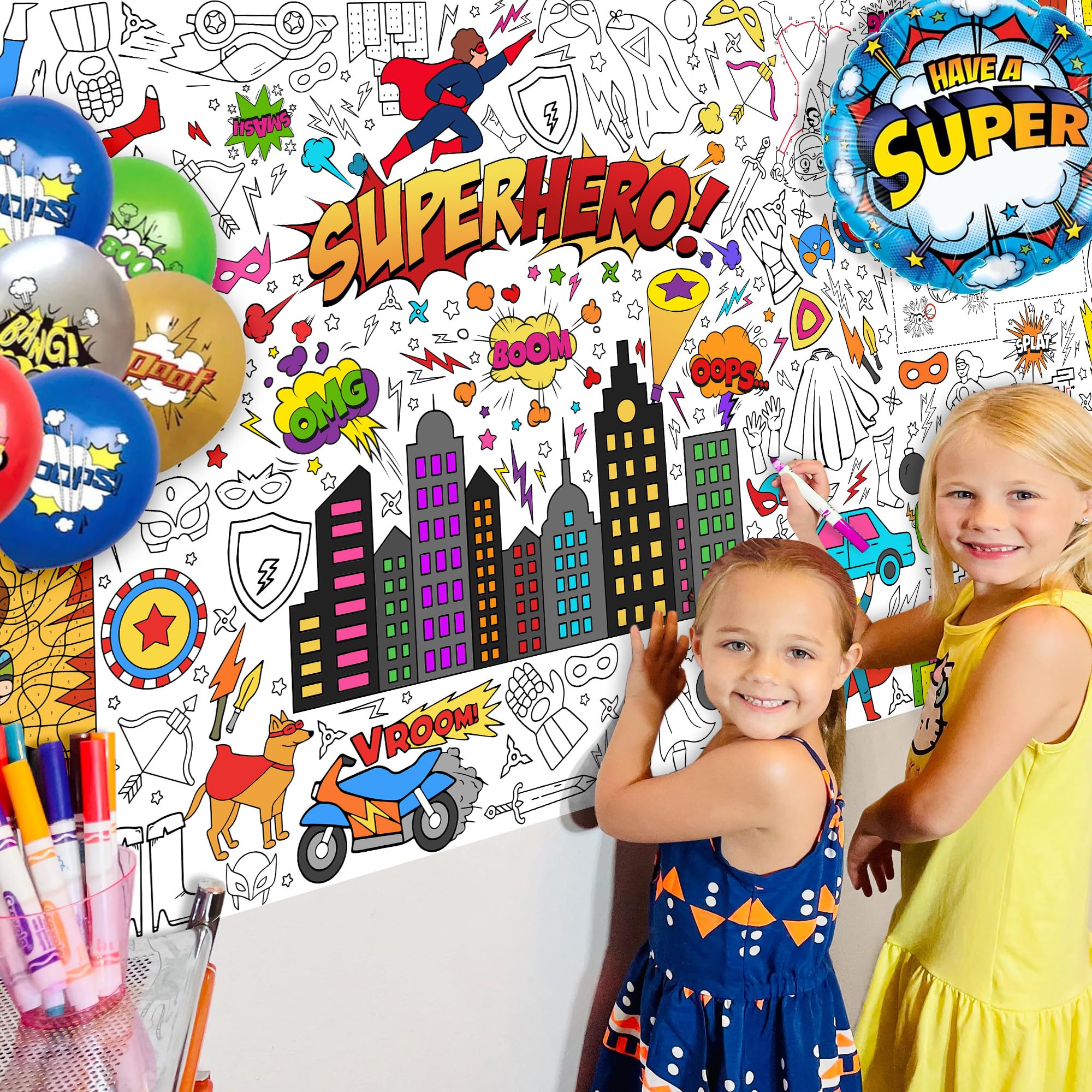 JOYGATHER Superhero Coloring Tablecloth for Kids – 72x30 Inch Poster with Capes & Masks | Party Games & Decor