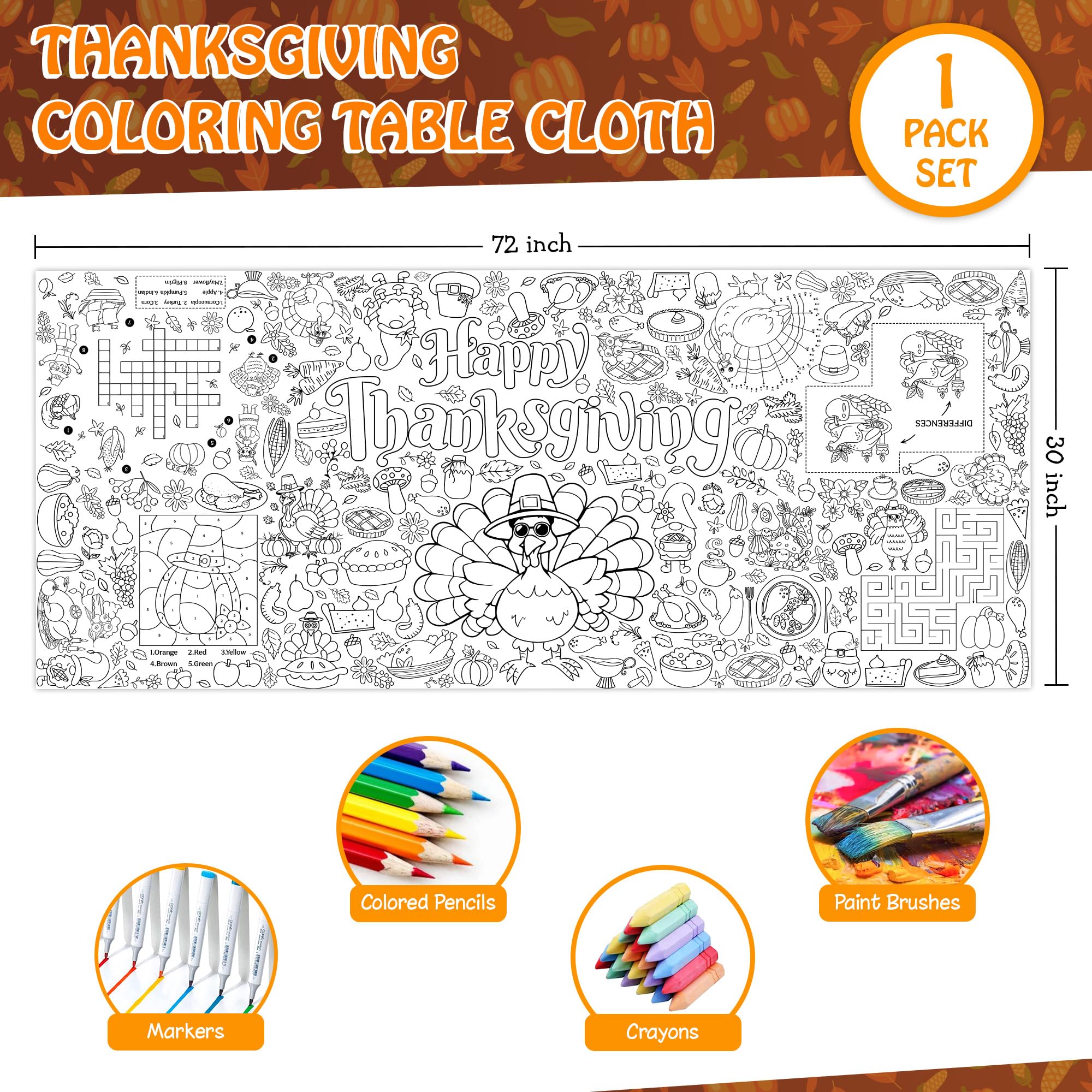 JOYGATHER Thanksgiving Coloring Tablecloth – Giant 30x72 Inch for Kids