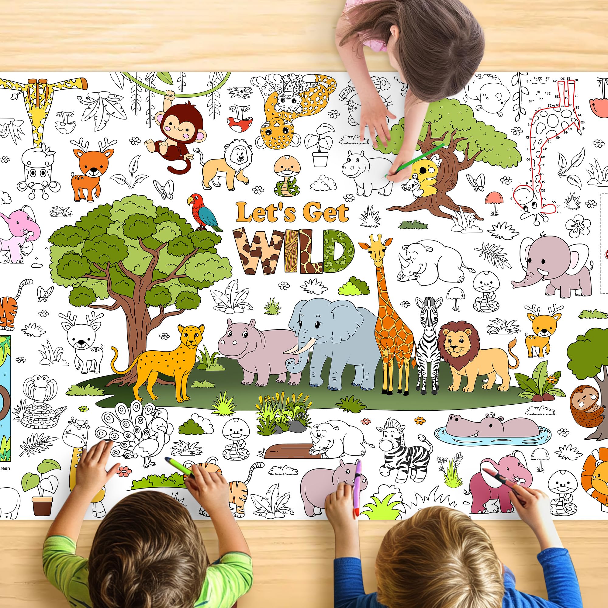JOYGATHER Wild Coloring Tablecloth — Jumbo 72x30 in Jungle Animals for Kids Parties & Classroom Fun