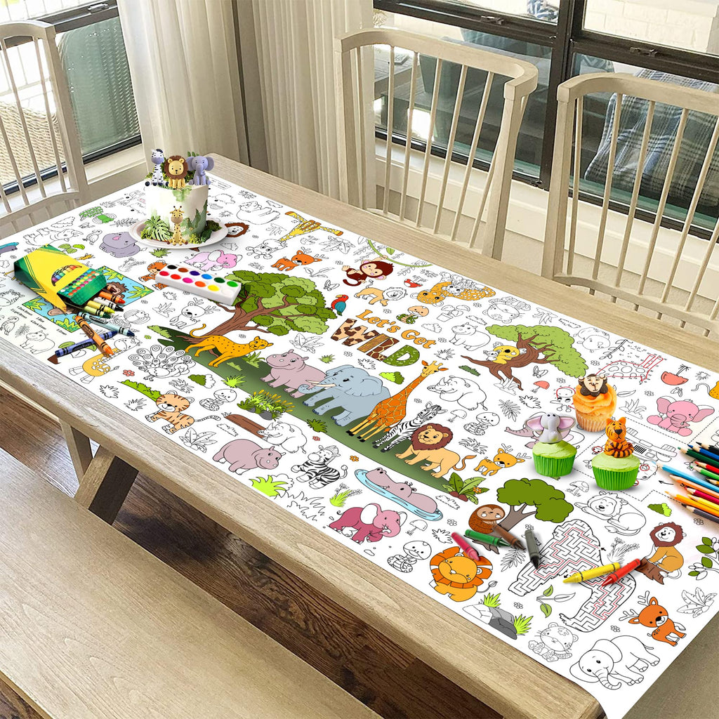 JOYGATHER Wild Coloring Tablecloth — Jumbo 72x30 in Jungle Animals for Kids Parties & Classroom Fun