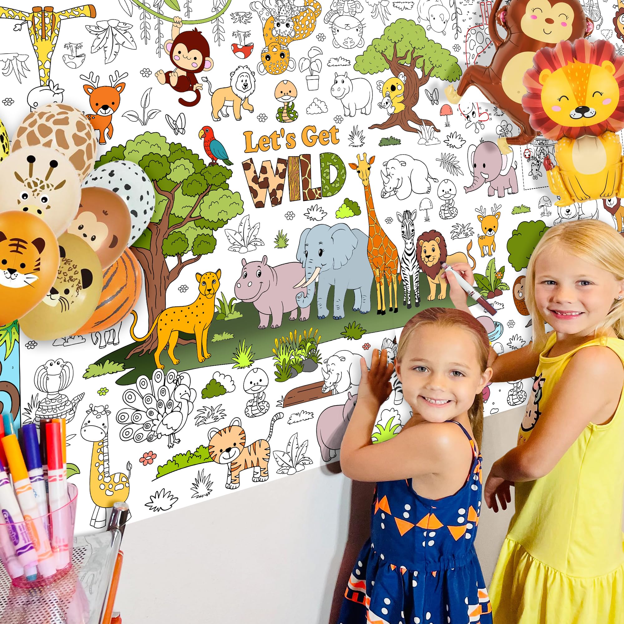 JOYGATHER Wild Coloring Tablecloth — Jumbo 72x30 in Jungle Animals for Kids Parties & Classroom Fun