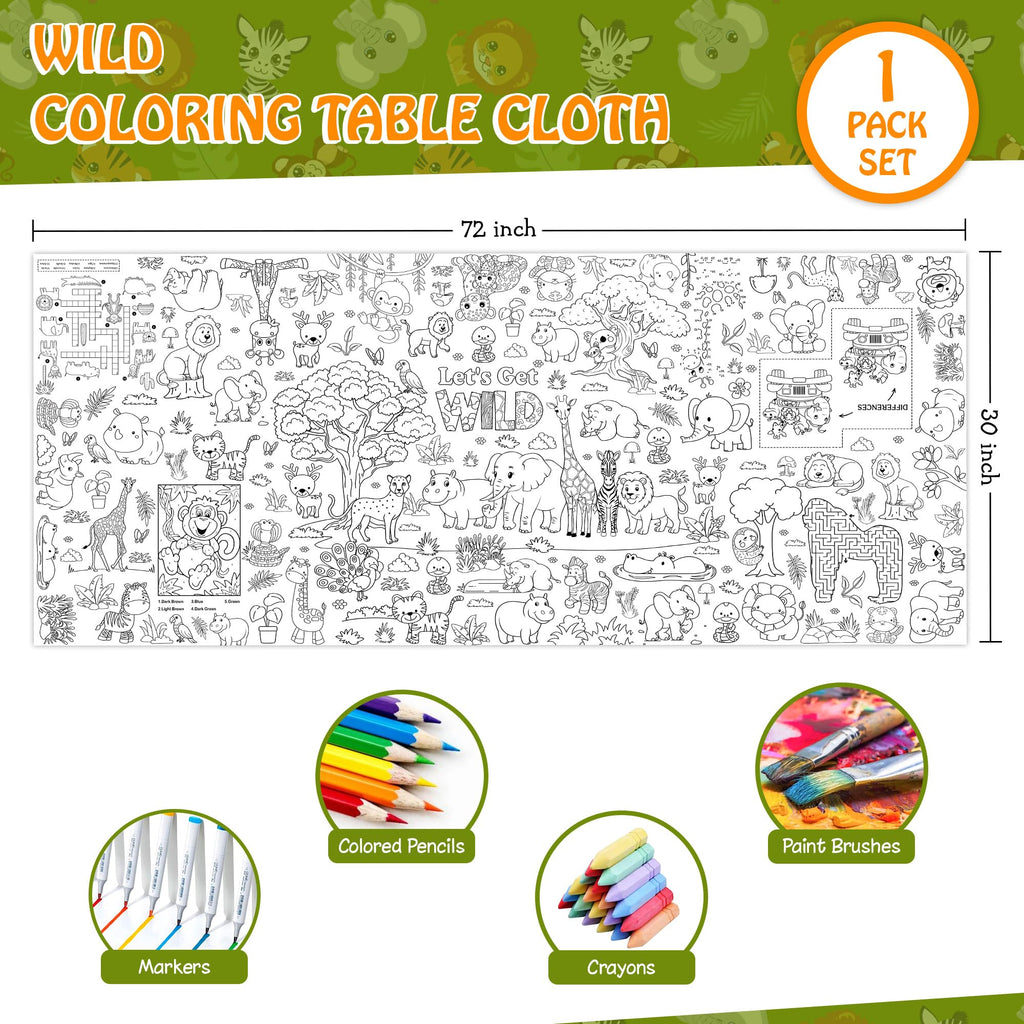 JOYGATHER Wild Coloring Tablecloth — Jumbo 72x30 in Jungle Animals for Kids Parties & Classroom Fun