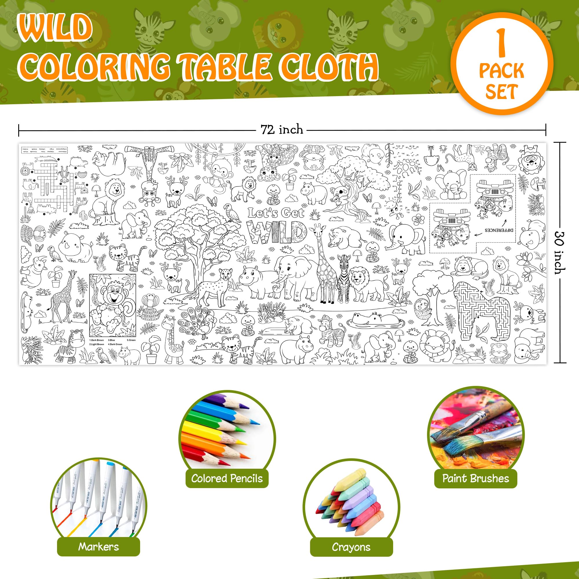 JOYGATHER Wild Coloring Tablecloth — Jumbo 72x30 in Jungle Animals for Kids Parties & Classroom Fun