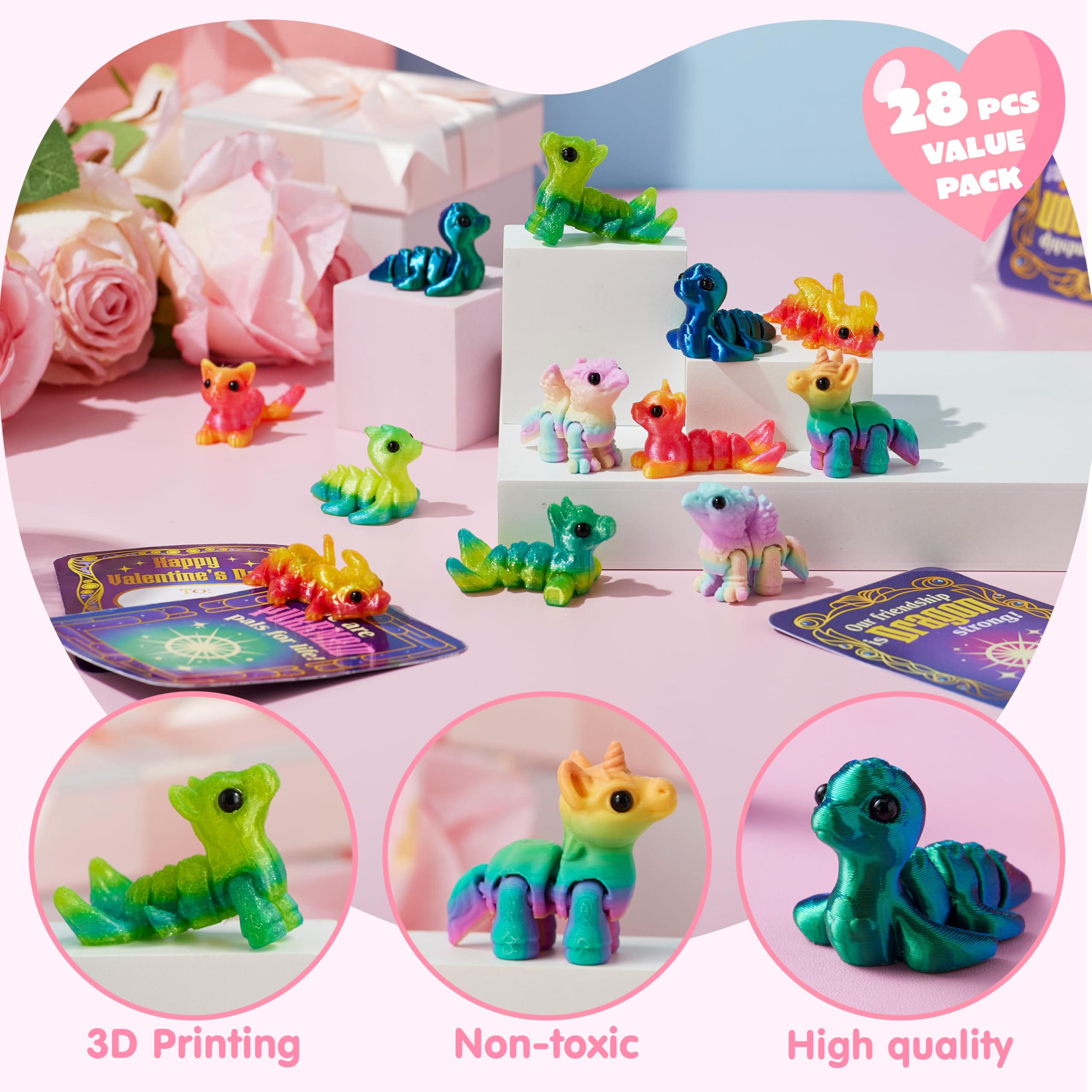 JOYIN 28 Pcs Valentines Day Cards + 3D Printed Mythical Creature Toys | Classroom Gifts & Party Favors