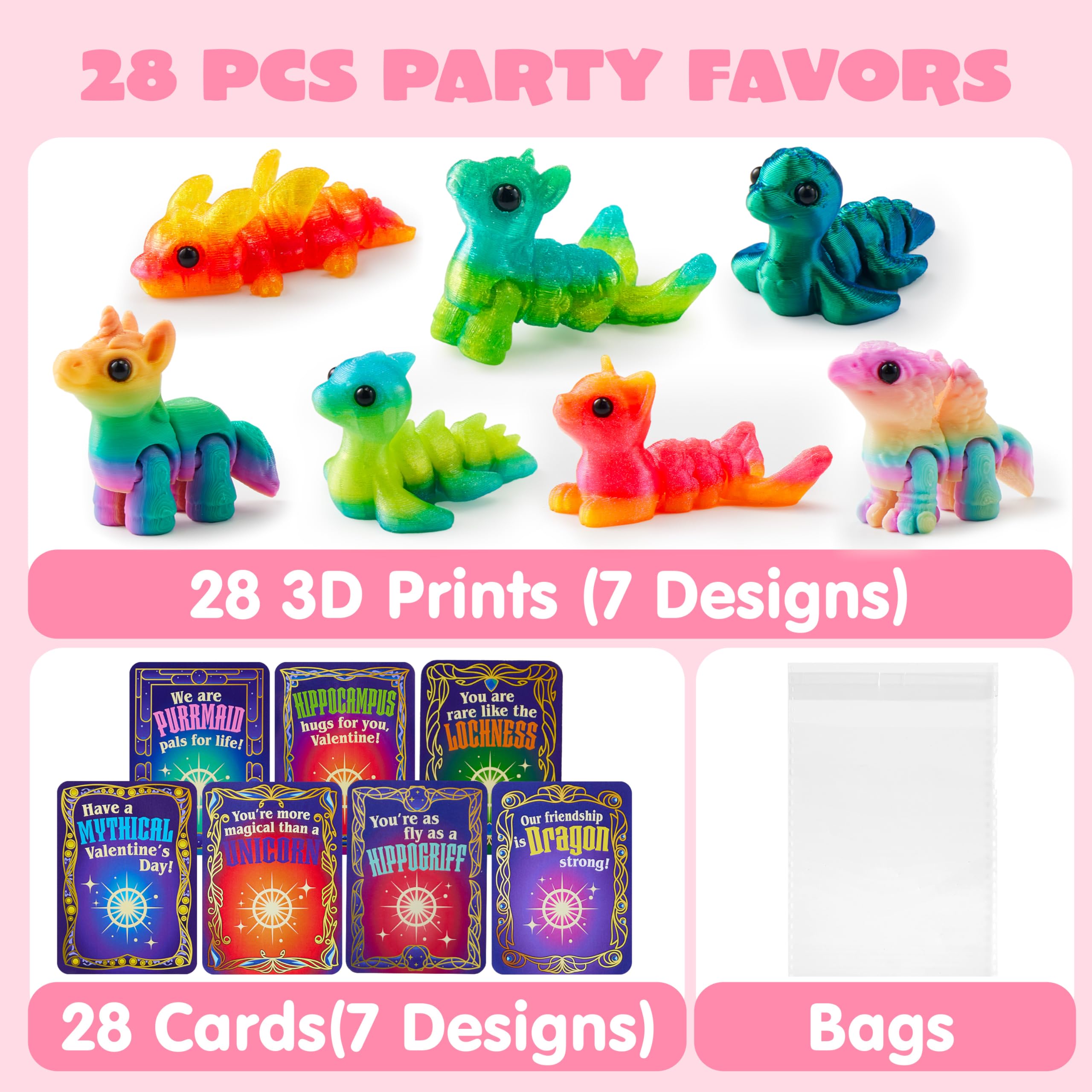 JOYIN 28 Pcs Valentines Day Cards + 3D Printed Mythical Creature Toys | Classroom Gifts & Party Favors