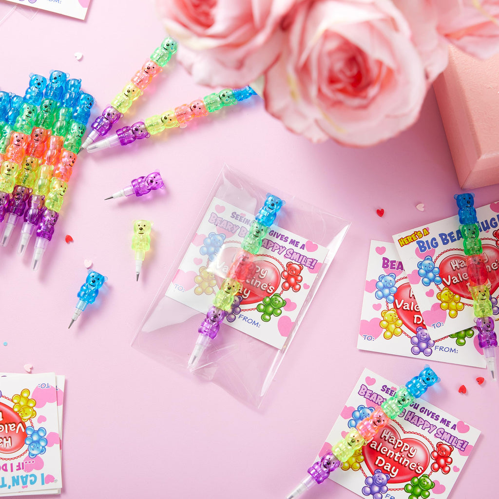 JOYIN 28PCS Valentines Day Bear Pencils & Cards — Classroom Exchange & Party Favors