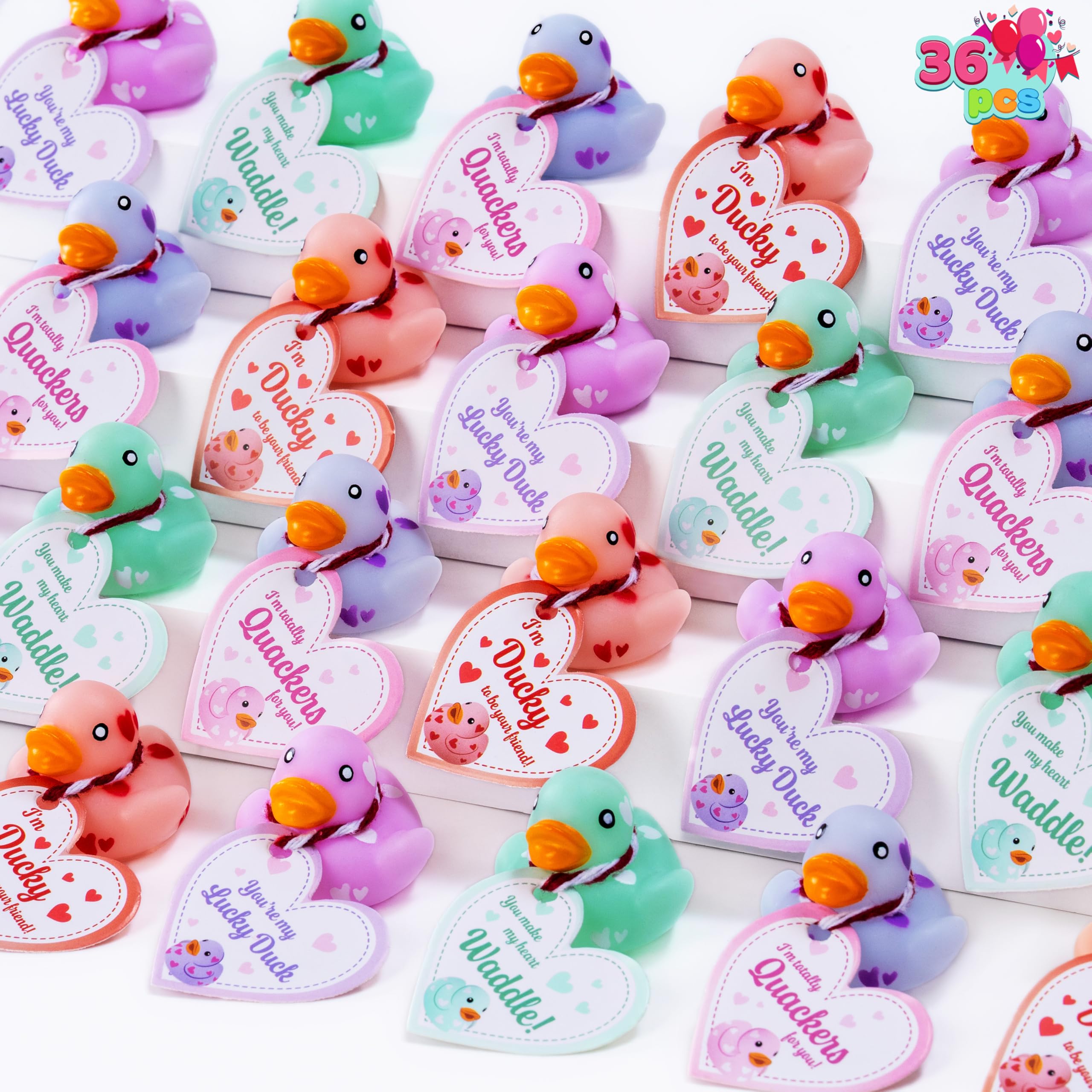 JOYIN 36 Pcs Valentine Mini Rubber Ducks with Cards – Classroom & Party Favors