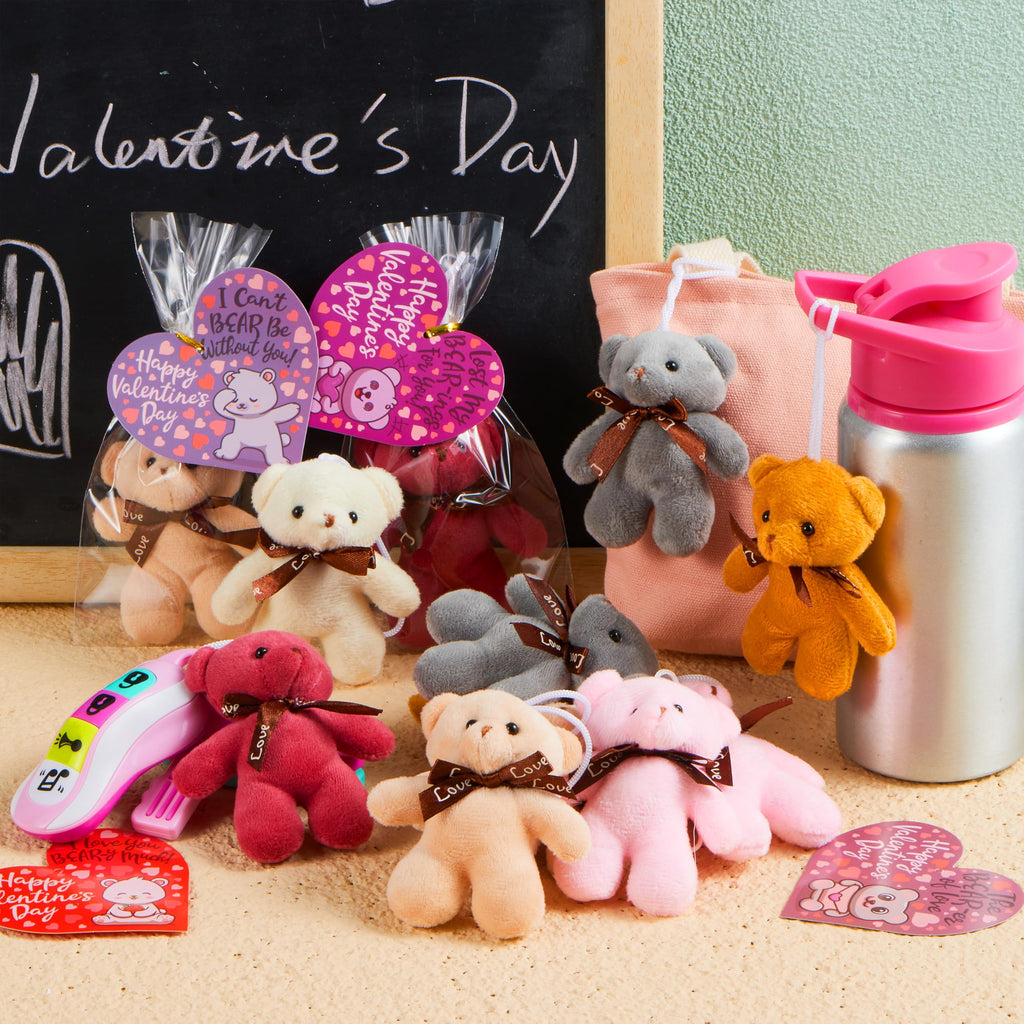 JOYIN 24-Pack Valentines Day Plush Bear Party Favors — 6 Colors, Cards & Bags | Classroom Gifts