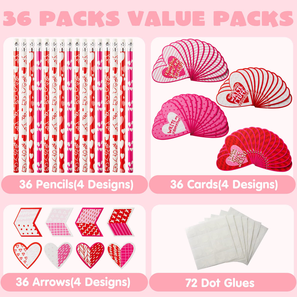JOYIN 36 Pack Valentines Day Arrow Pencils with Card – Classroom Party Favors