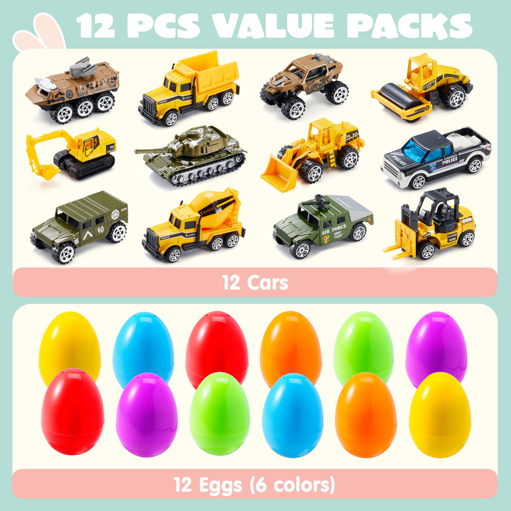 JOYIN 12 Pcs Prefilled Easter Eggs with Die-Cast Vehicles | Easter Egg Hunt Toys & Party Favors