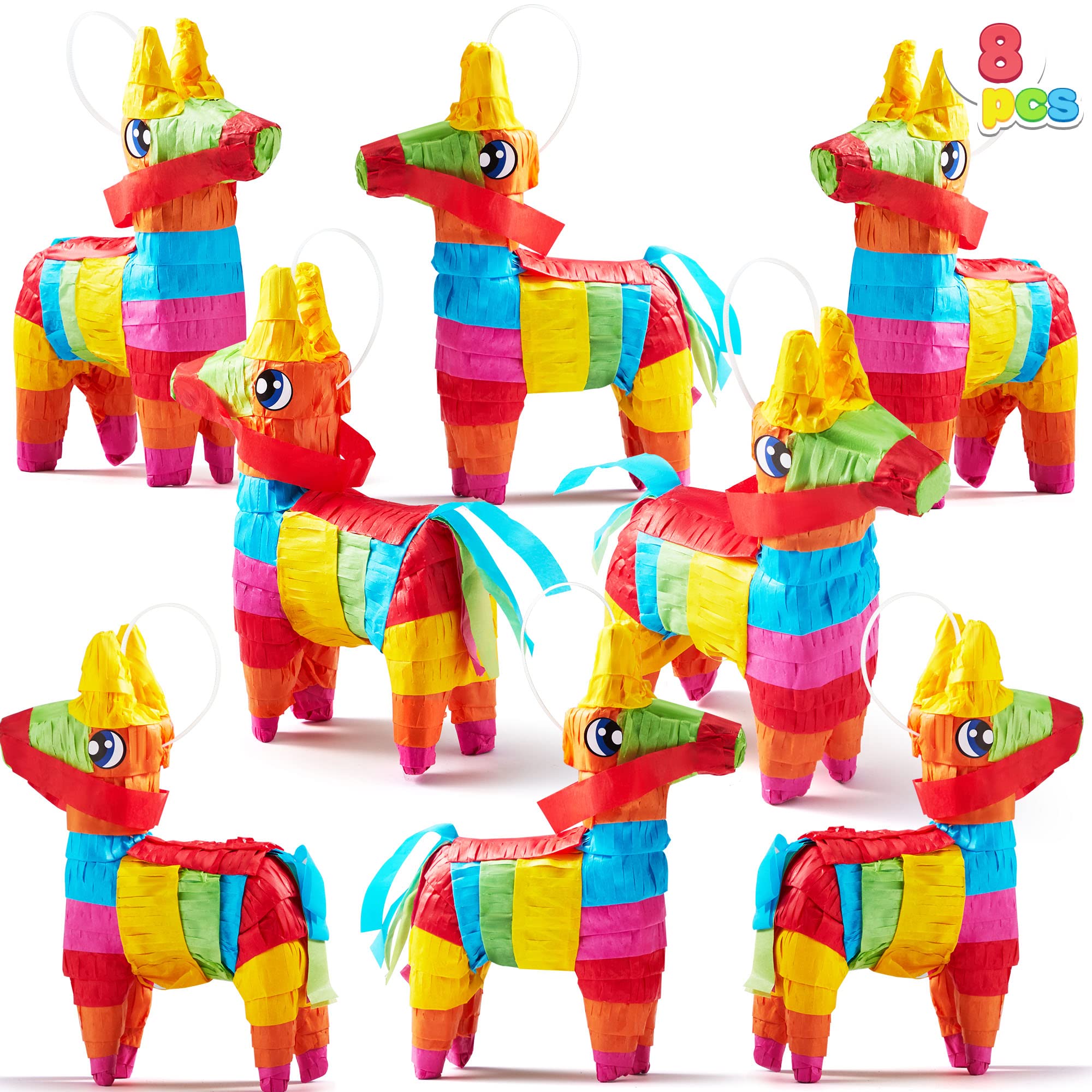 JOYIN Cinco De Mayo 8 Pcs Mini Donkey Pinatas – Rainbow Color, 5.7 x 7.5 in