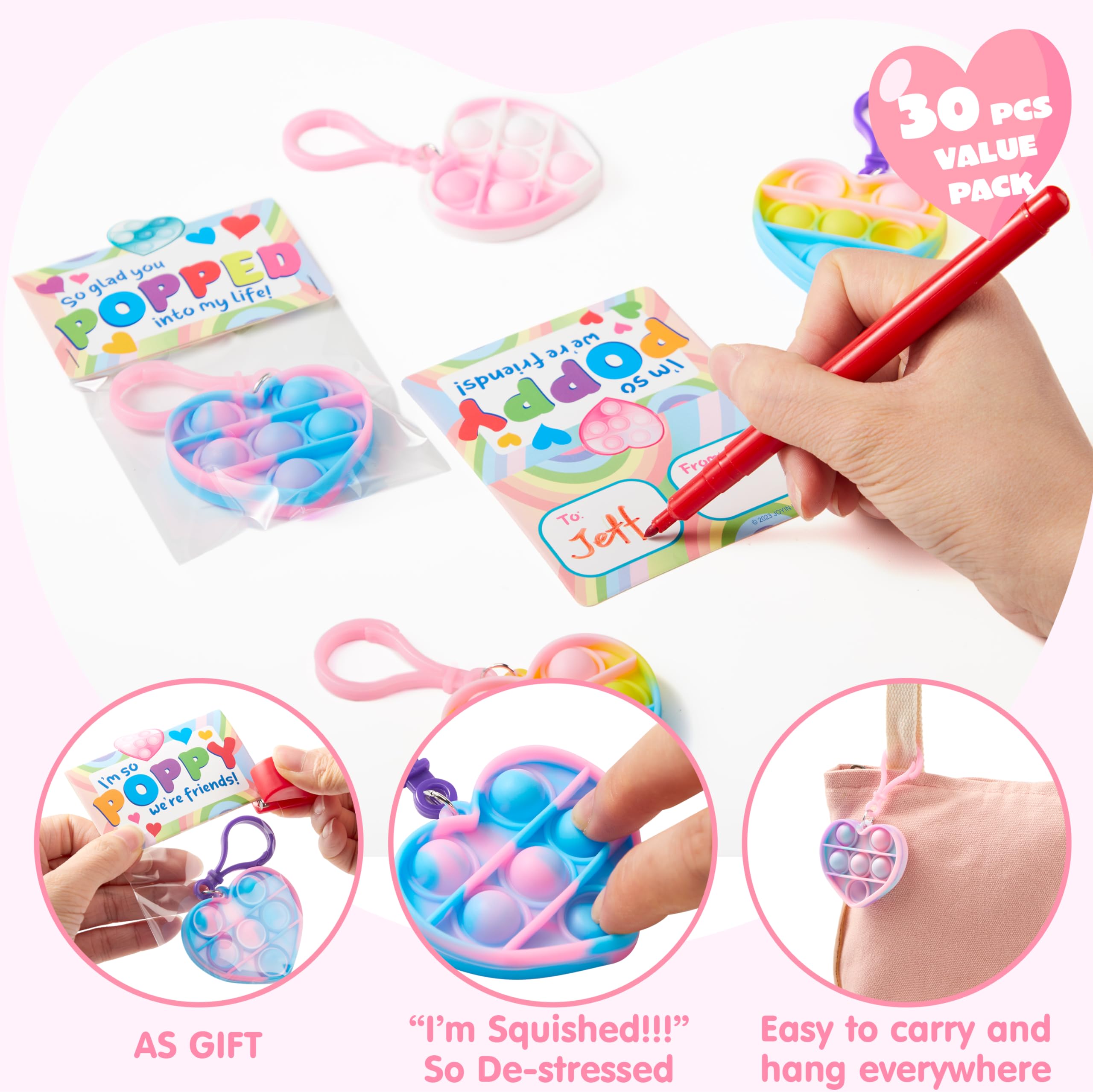 JOYIN 30 Pack Heart Pop Bubble Keychains with Valentines Cards – Classroom Gifts & Party Favors