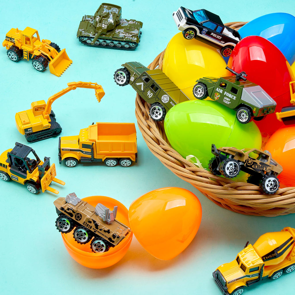 JOYIN 12 Pcs Prefilled Easter Eggs with Die-Cast Vehicles | Easter Egg Hunt Toys & Party Favors