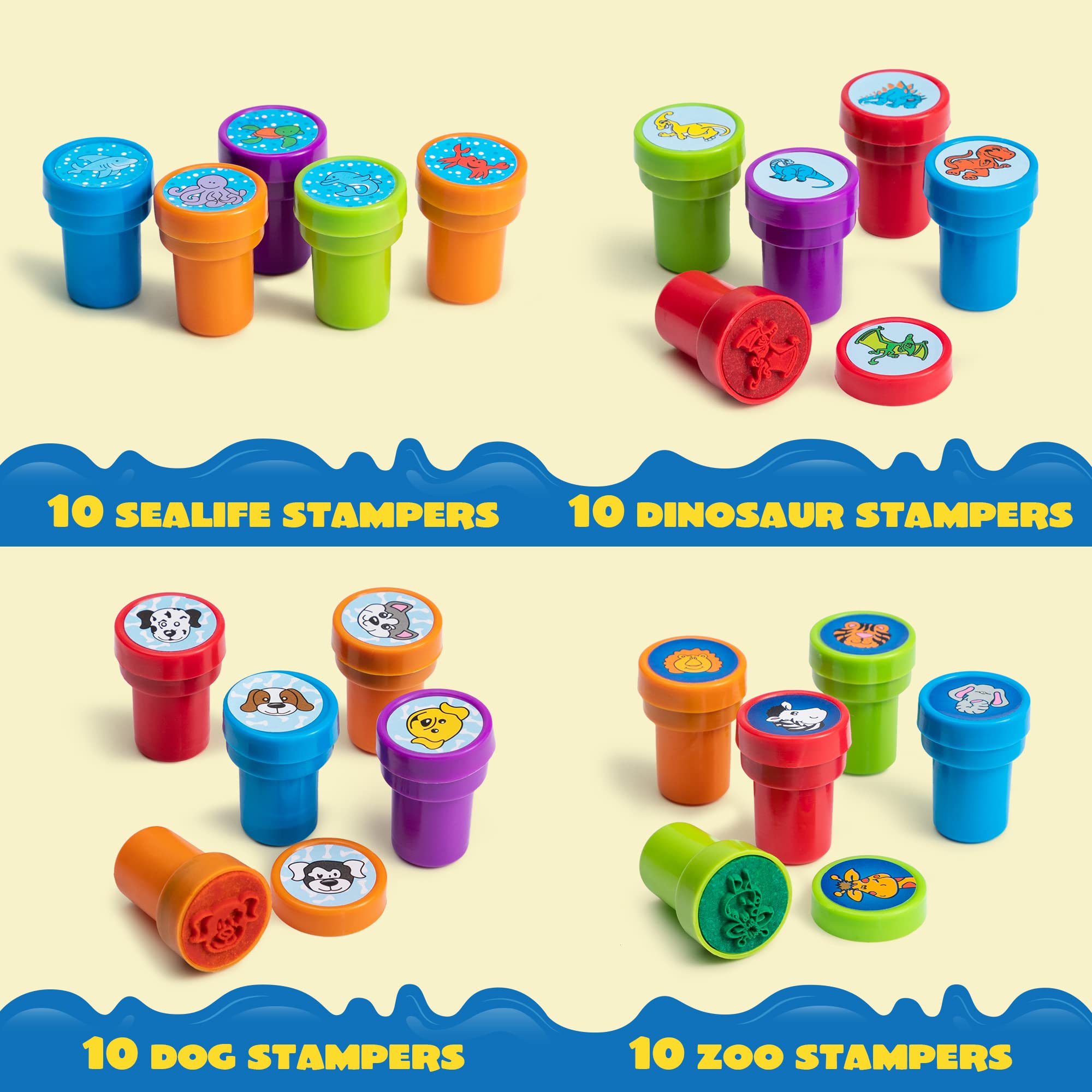 JOYIN 100 STK. Sortierte selbstfärbende Stempel für Kinder – 50 Designs, je 2 Farben, Gastgeschenke & Klassenpreise