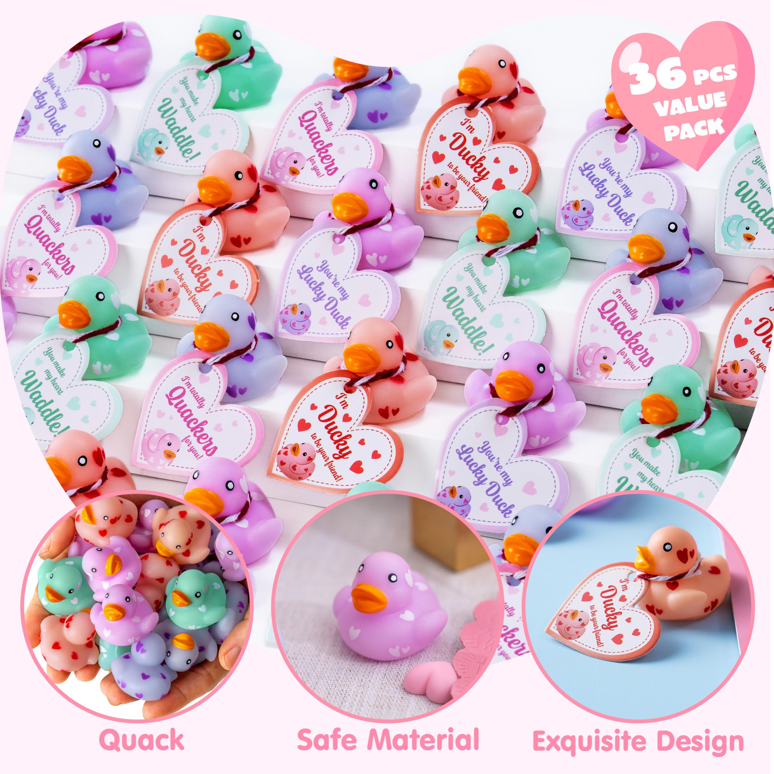 JOYIN 36 Pcs Valentine Mini Rubber Ducks with Cards – Classroom & Party Favors