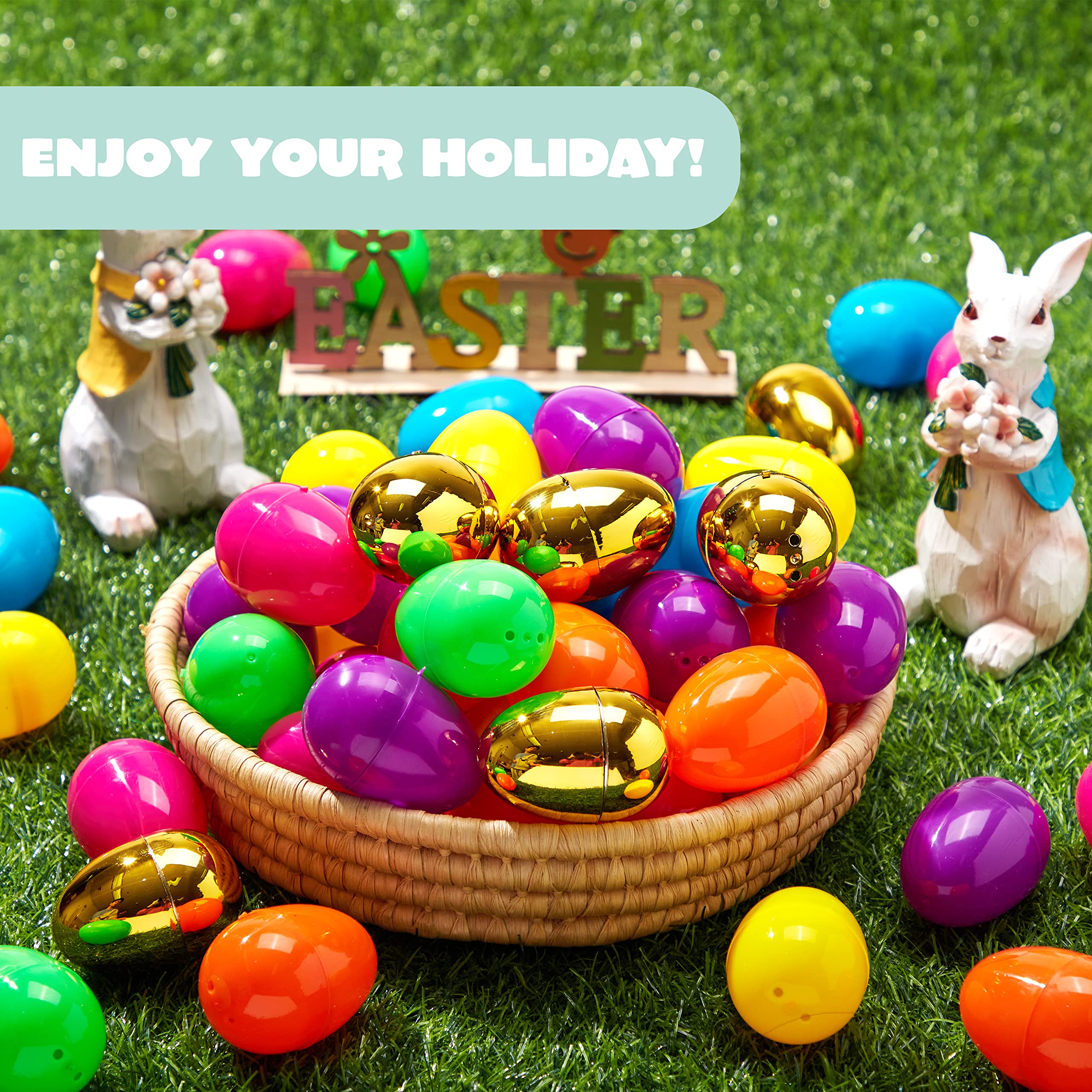 JOYIN 300Pcs Easter Eggs – 2.3" Fillable Plastic Eggs with 6 Golden Eggs for Easter Hunts & Party Decor